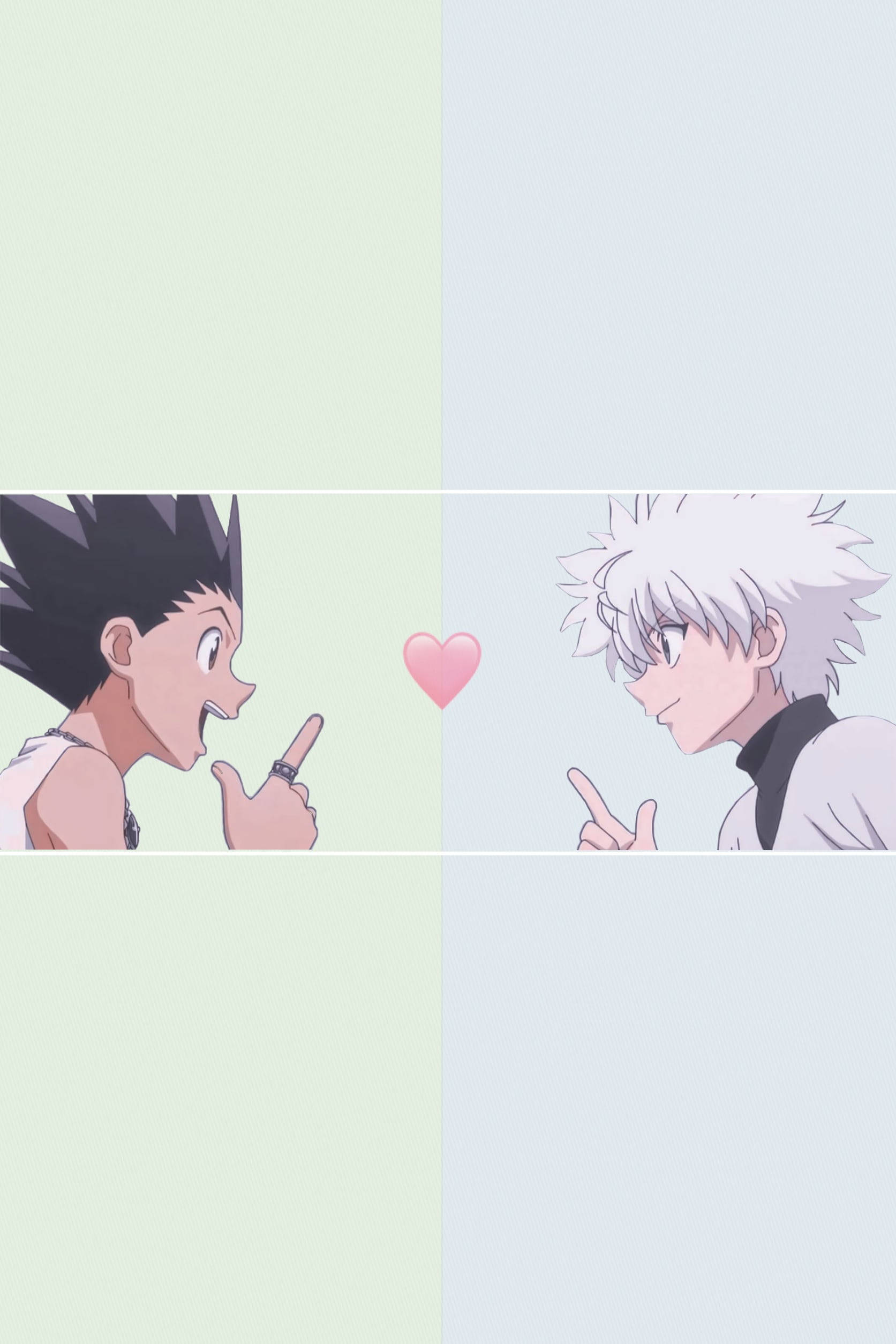 Gon And Killua 桌布 壁紙 — 兩個動漫角色在分割畫面上互相對望，中間有一個粉紅色的心形。