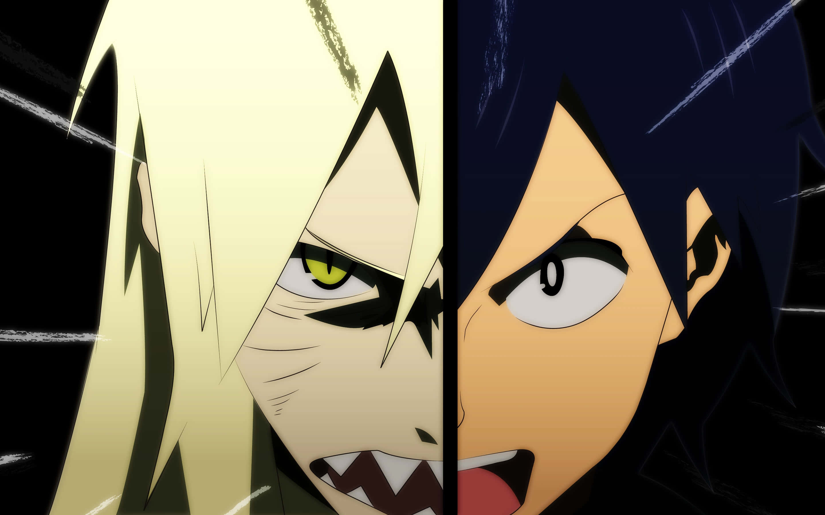Gurren Lagann Viral 桌布 壁紙 — 兩個動漫角色在分割畫面中對峙，以銳利的黑線和戲劇性的燈光互相怒視。