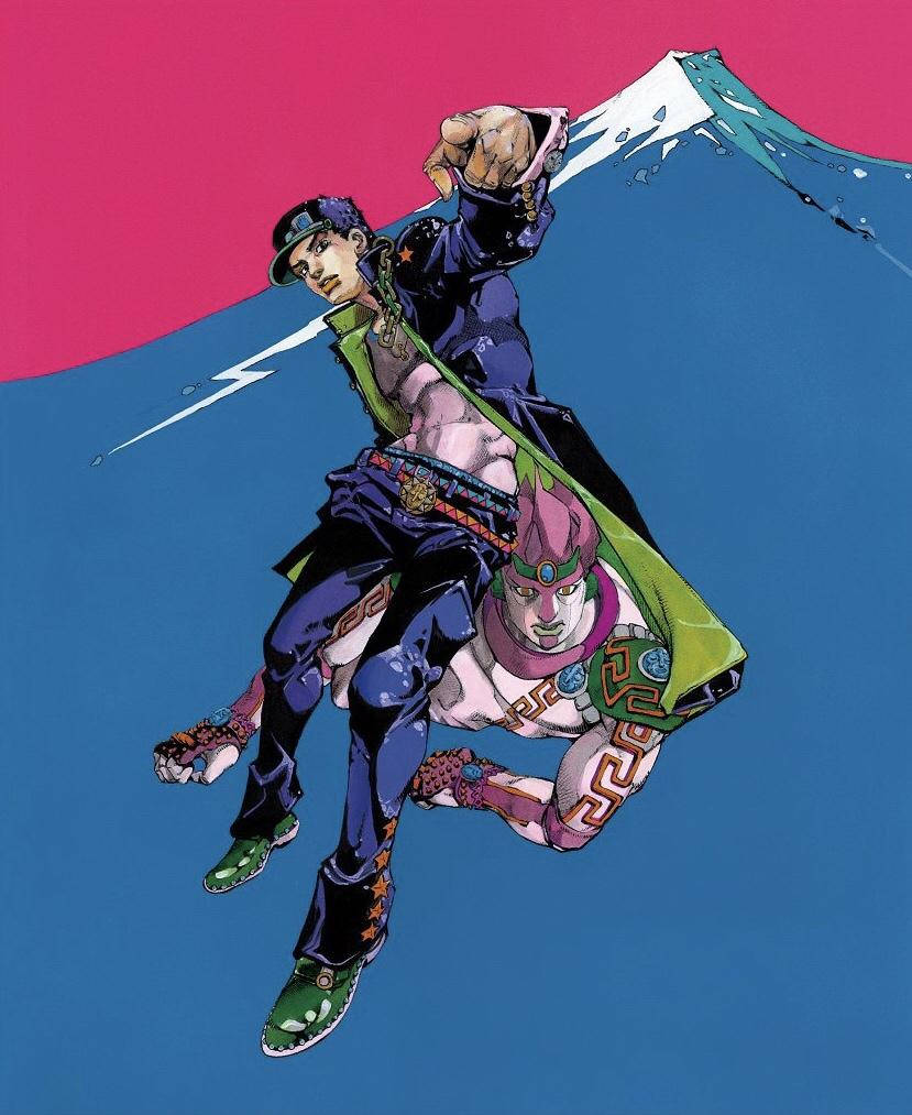 Jojo Phone 桌布 壁紙 — 兩個動漫角色在分裂的粉紅和藍色天空下動態跳躍，背景有風格化的山脈。