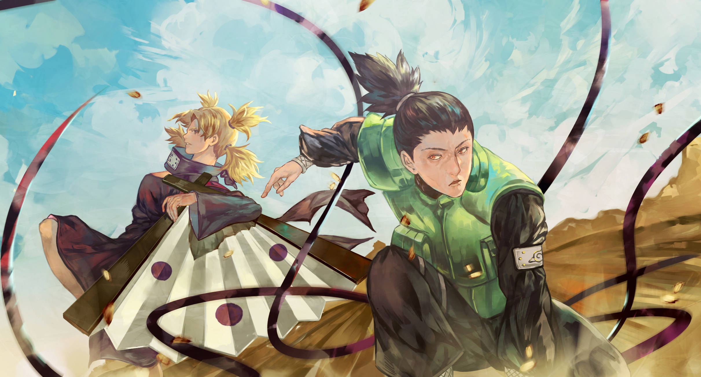 Shikamaru 桌布 壁紙 — 兩個動漫角色在動態中碰撞，背景是旋轉的天空和秋天的落葉。
