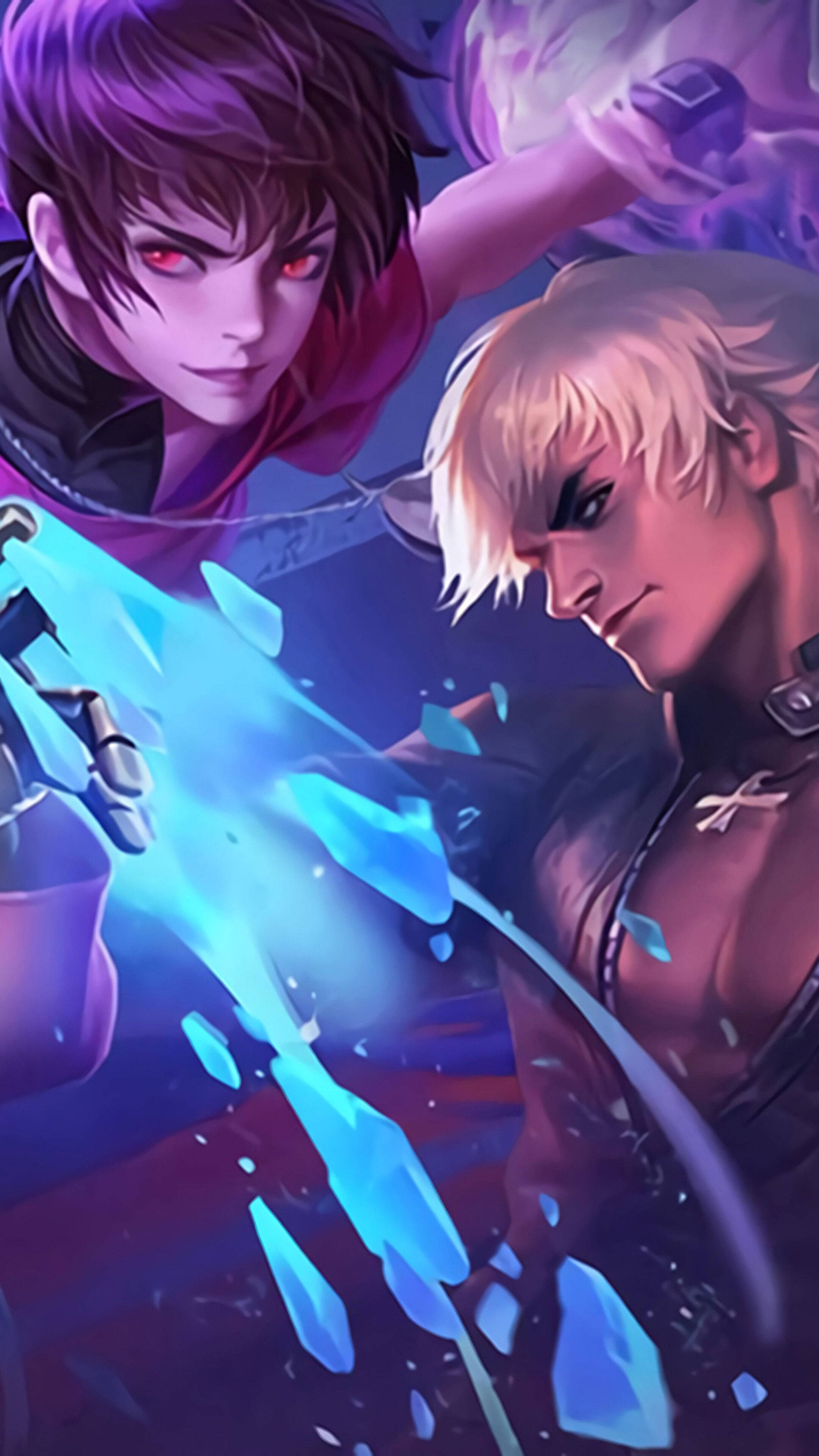 heroes 桌布 壁紙 — 兩個動漫角色在動態戰鬥中碰撞，發光的藍色能量碎片在他們之間飛舞。