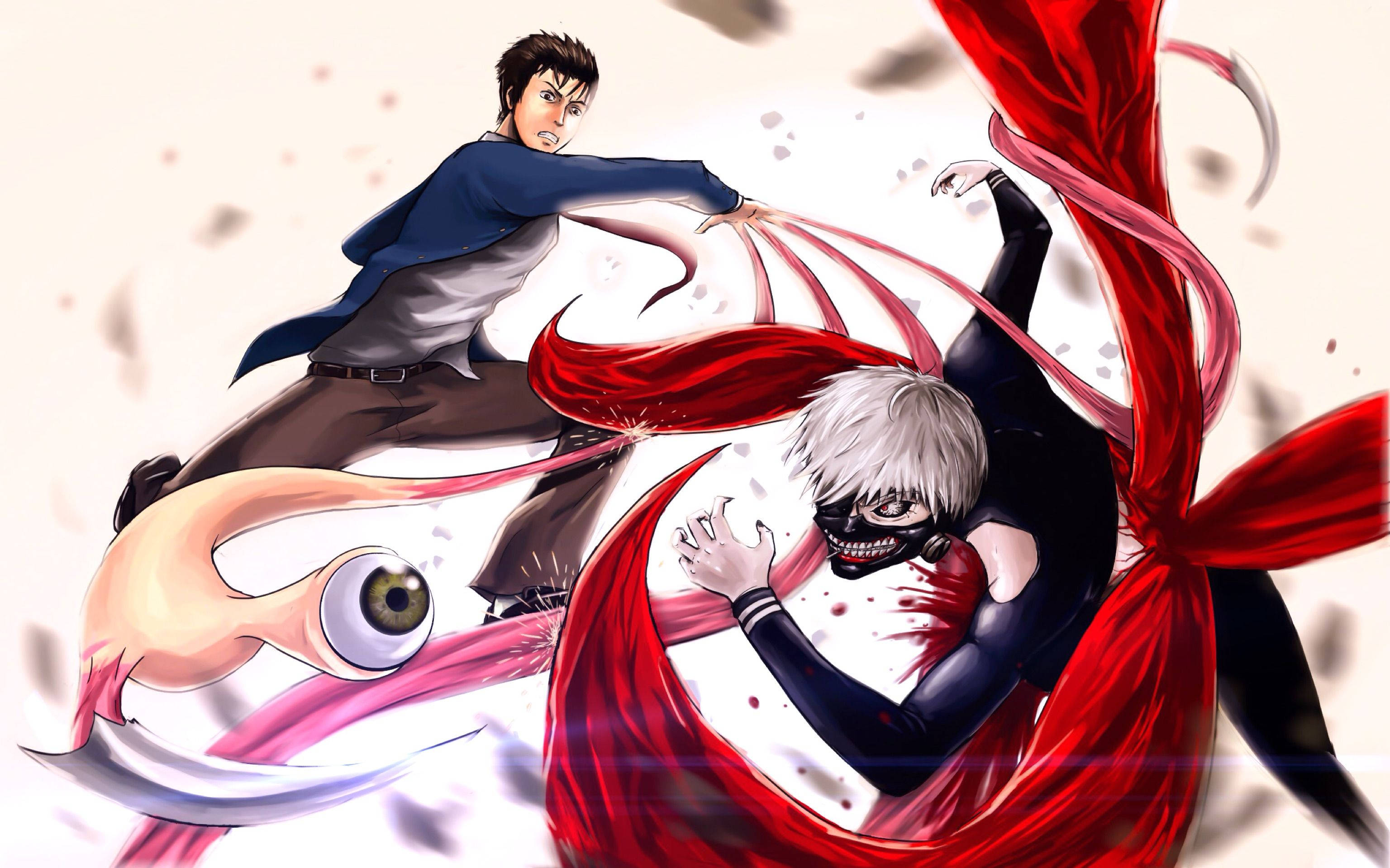 Parasyte 桌布 壁紙 — 兩個動漫角色在動態戰鬥中碰撞，紅色觸手和巨眼從混亂中出現。