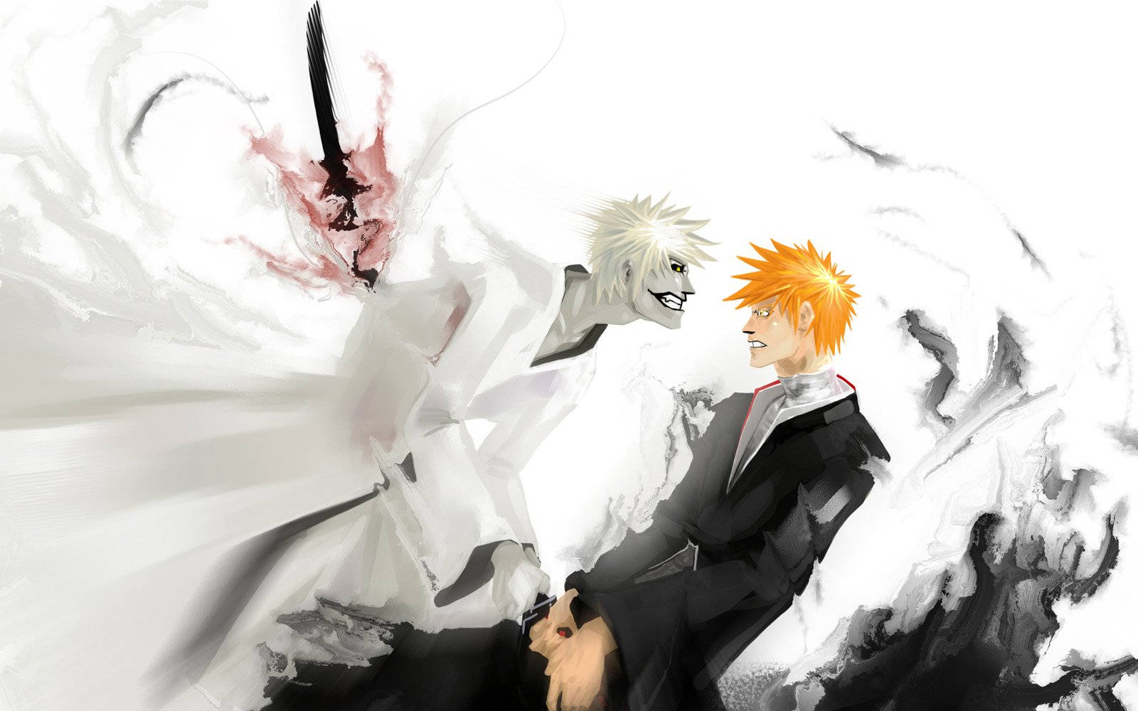 Ichigo Kurosaki 桌布 壁紙 — 兩個動漫角色在動態戰鬥場景中碰撞，白色和紅色的能量旋轉，背景是純白色。