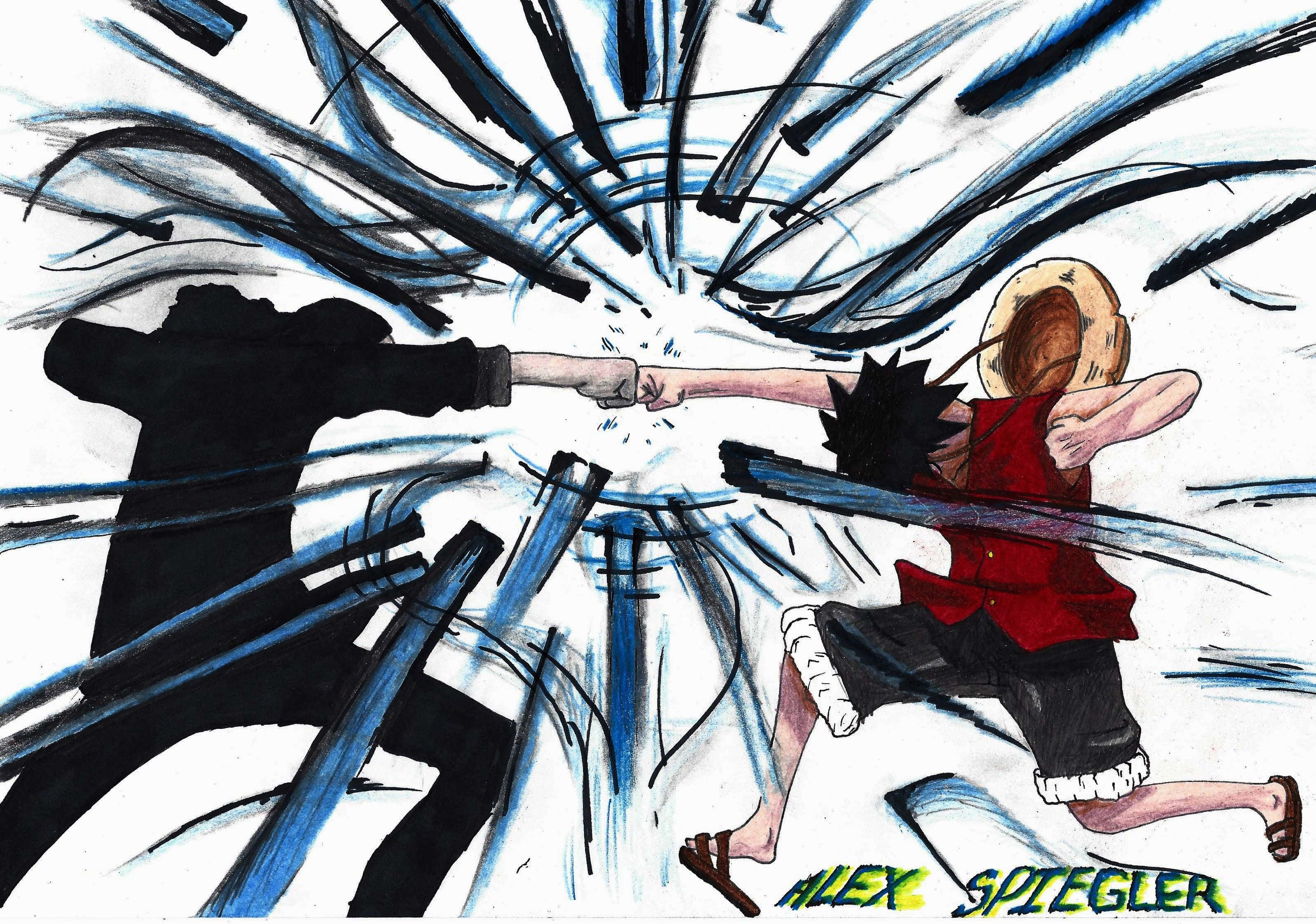 Rob Lucci 桌布 壁紙 — 兩個動漫角色在動態拳擊中碰撞，爆炸性的藍色和黑色運動線條向外輻射。