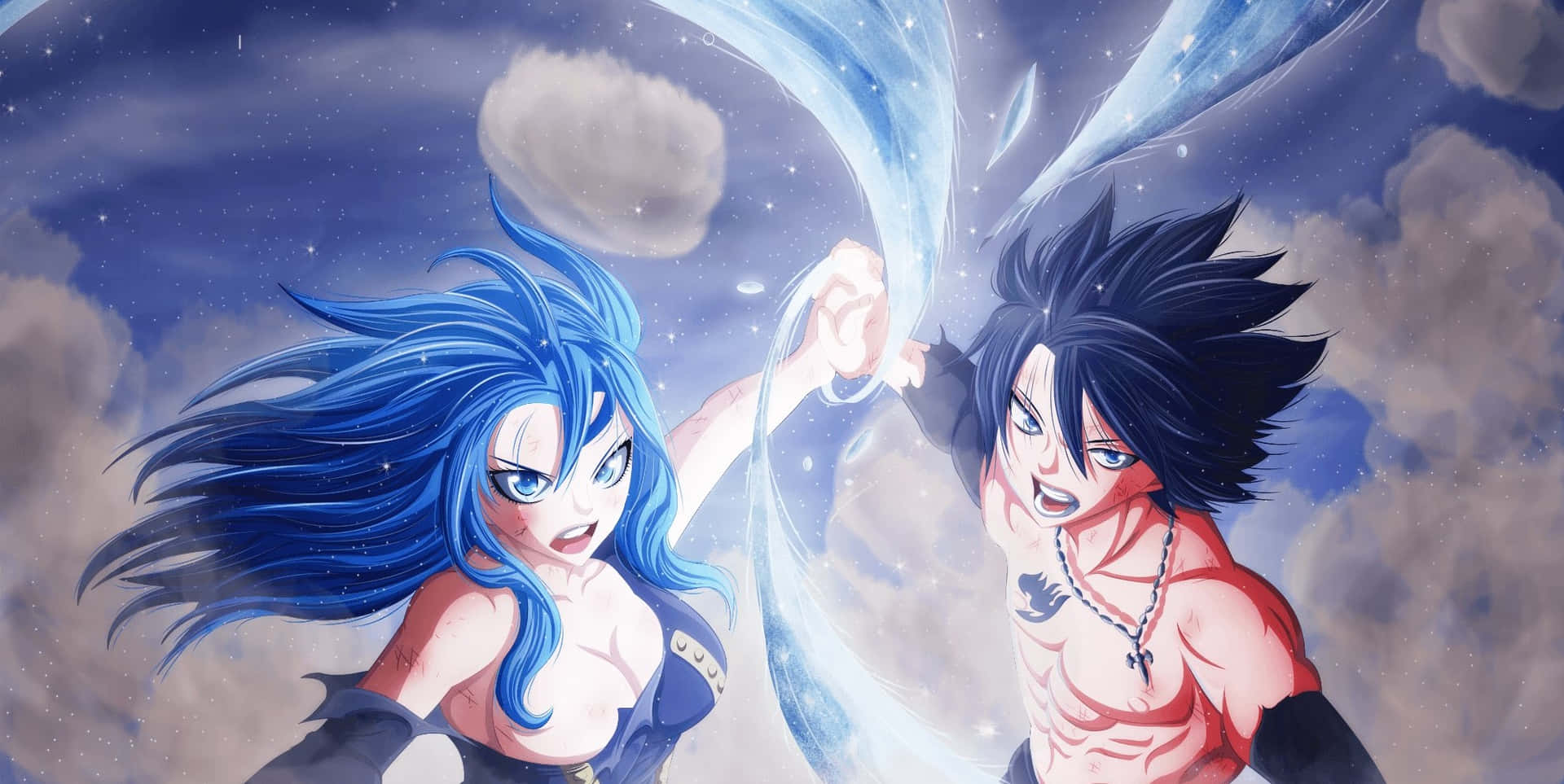 juvia lockser 桌布 壁紙 — 兩個動漫角色在動態的天空戰鬥中碰撞，發光的藍色能量在他們之間旋轉。