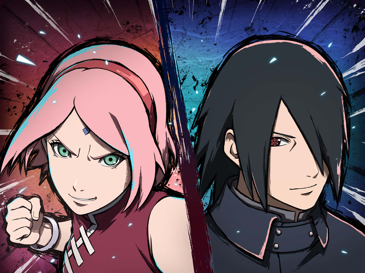 Sasuke Sakura 桌布 壁紙 — 兩個動漫角色在動態的紅藍背景下，以強烈的表情對峙。