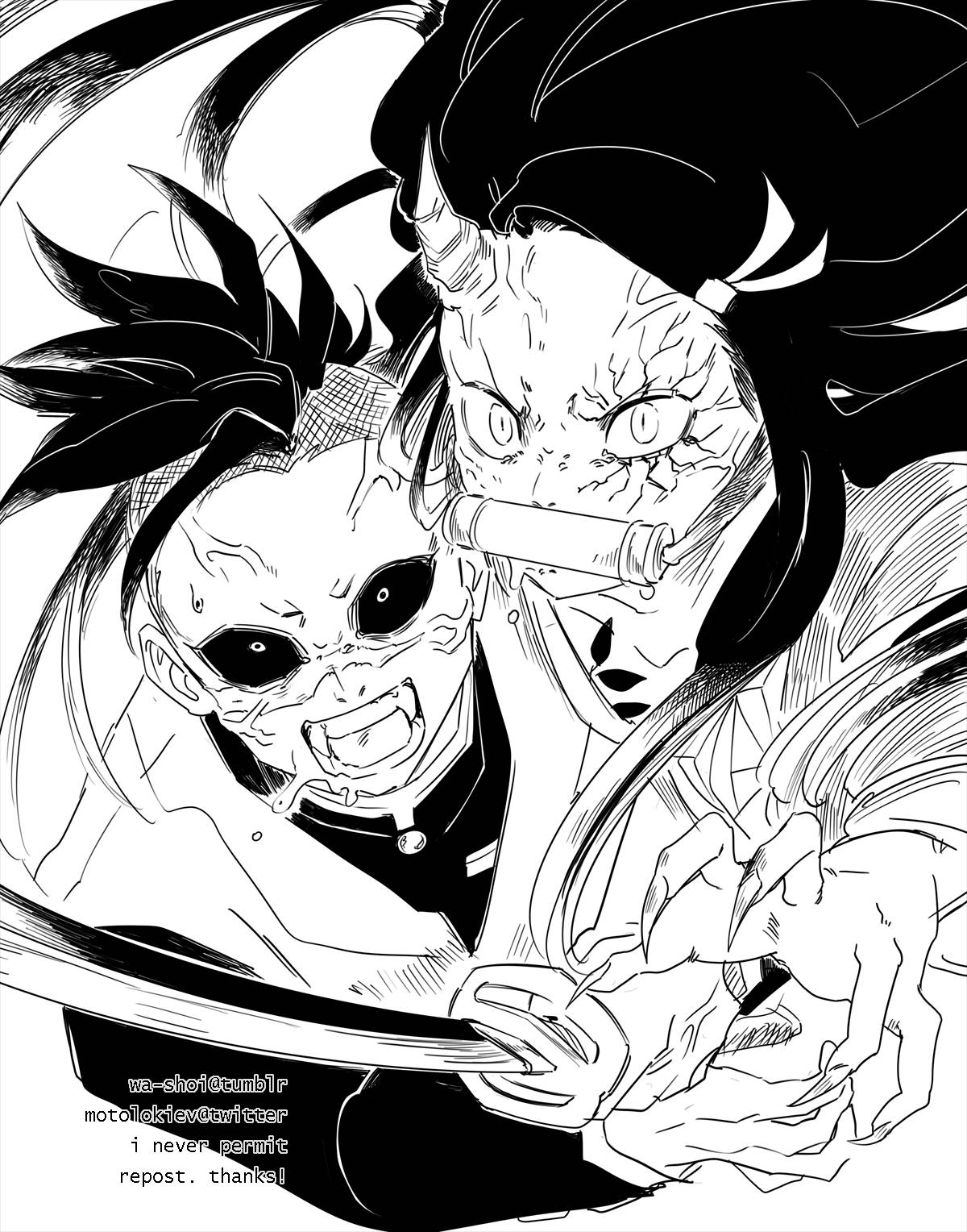 genya 桌布 壁紙 — 兩個動漫角色在動態的黑白戰鬥場景中，表情激烈，頭髮飄逸。
