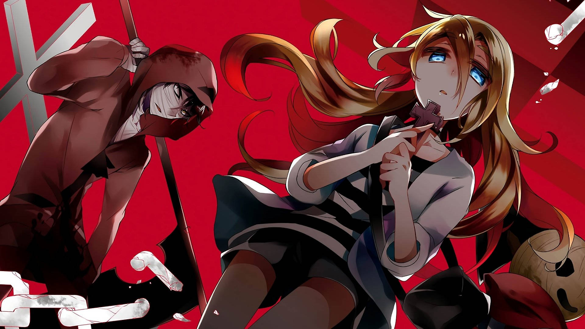 Angels Of Death 桌布 壁紙 — 兩個動漫角色在動態紅色背景上，一個戴著連帽武器，另一個有飄逸的頭髮和一個破碎的物體。