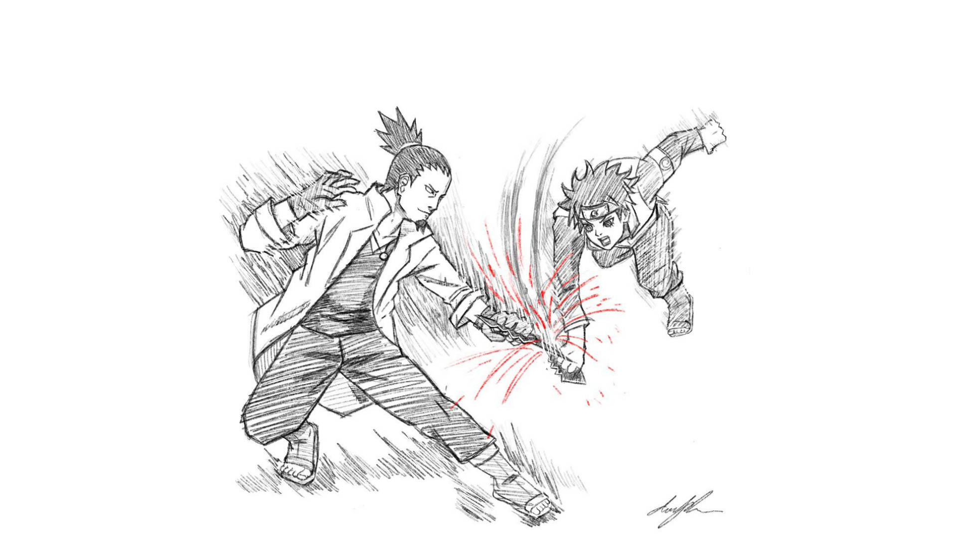 Shikamaru 桌布 壁紙 — 兩個動漫角色在動態鉛筆草圖中碰撞，紅色能量火花在他們的武器之間飛舞。