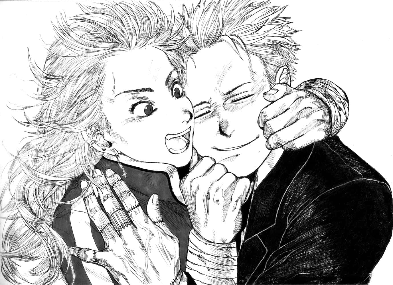 dorohedoro 桌布 壁紙 — 兩個動漫角色在動態黑白素描中，一個頭髮蓬鬆、眼睛大大的擁抱著另一個，後者單眼並將手放在臉頰上。