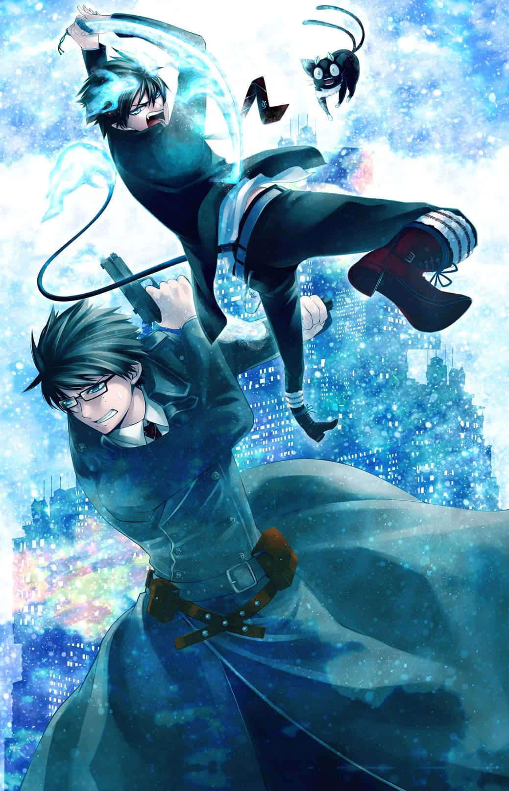 Blue Exorcist 桌布 壁紙 — 兩個動漫角色在半空中戰鬥，背景是發光的藍色城市景觀，還有一隻漂浮的貓夥伴。