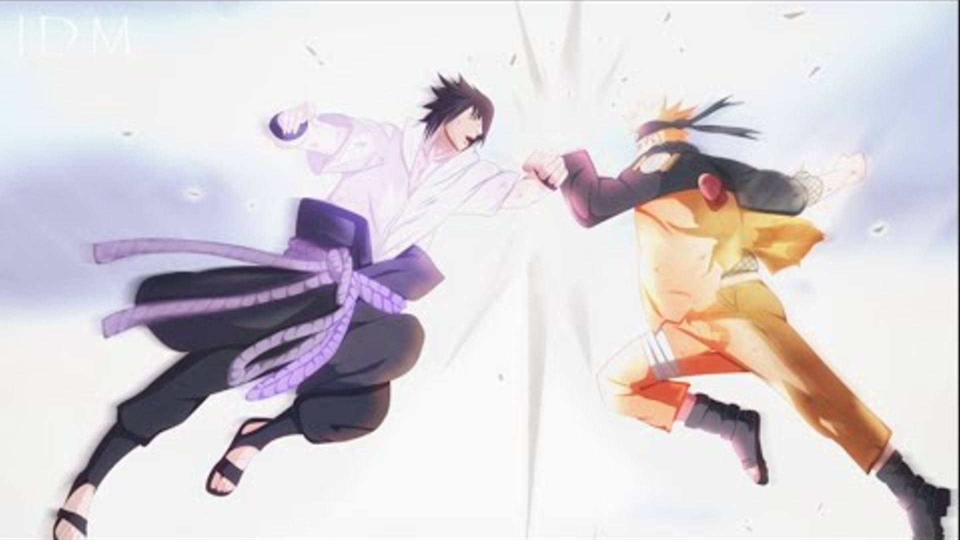 sasuke uchiha 桌布 壁紙 — 兩個動漫角色在半空中拳頭相鎖，在明亮的白色背景下展開動態戰鬥場景。