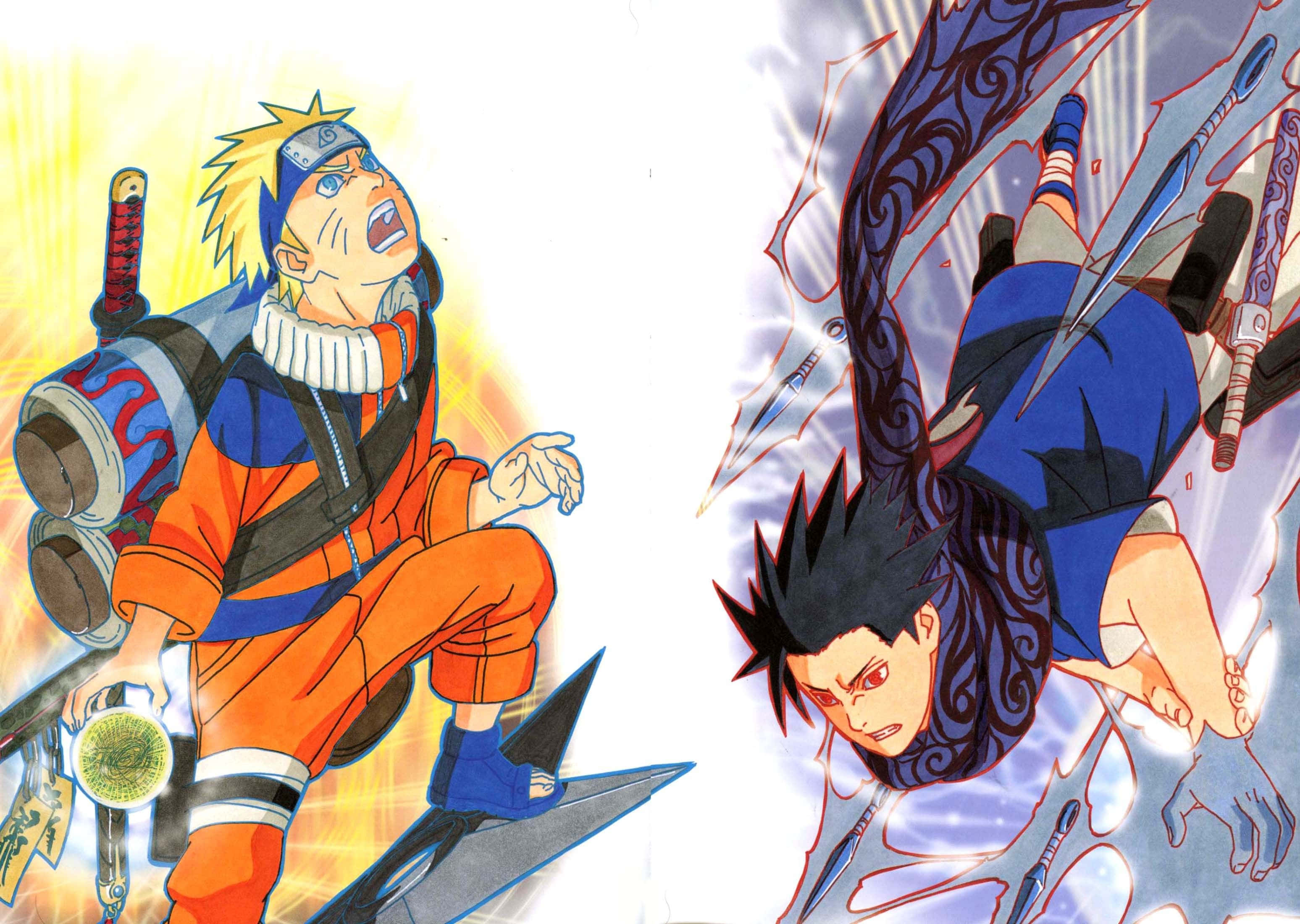 Naruto Manga 桌布 壁紙 — 兩個動漫角色在半空中碰撞，苦無在他們周圍飛舞，背景是明亮的白色。