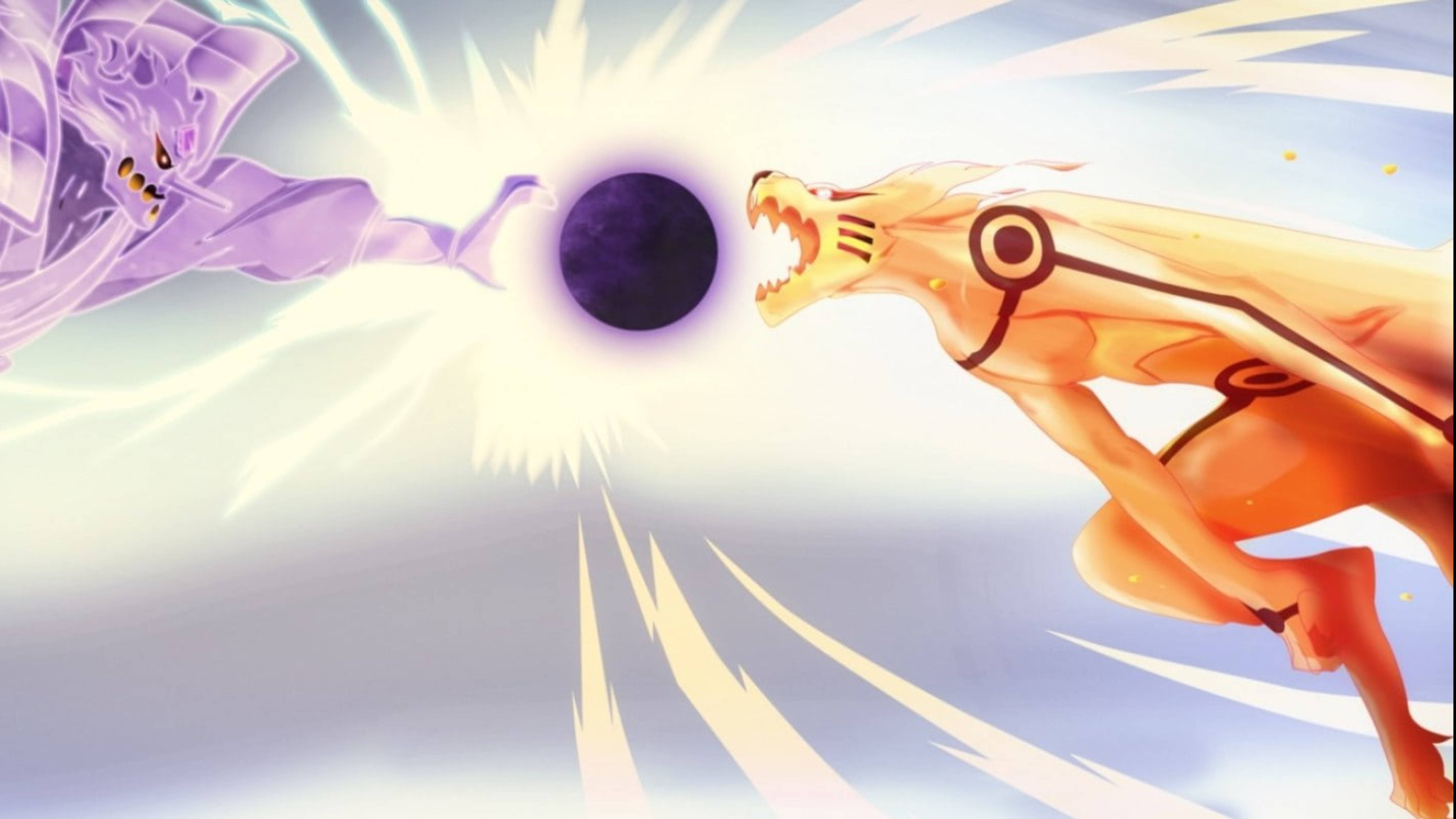 Sasuke Susanoo 桌布 壁紙 — 兩個動漫角色在半空中碰撞，釋放出一個發光的紫色能量球，背景是明亮的天空。