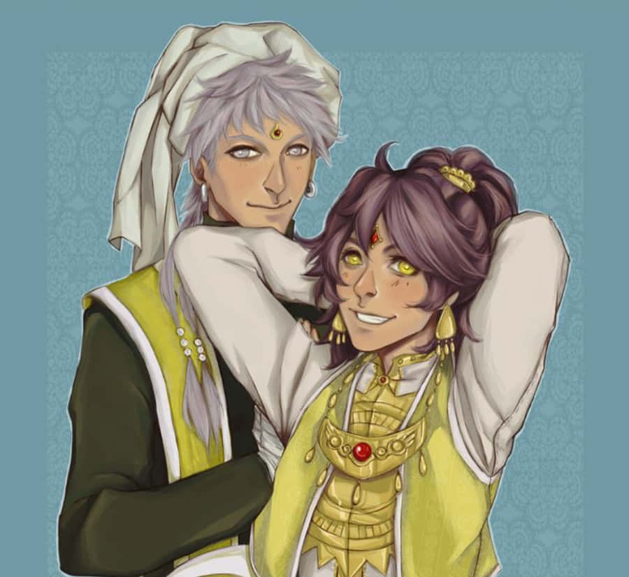Black Butler Agni 桌布 壁紙 — 兩個動漫角色在圖案化的青綠色背景前溫暖地擁抱，一個有銀色頭髮和白色頭巾，另一個有紫色頭髮和金色盔甲。