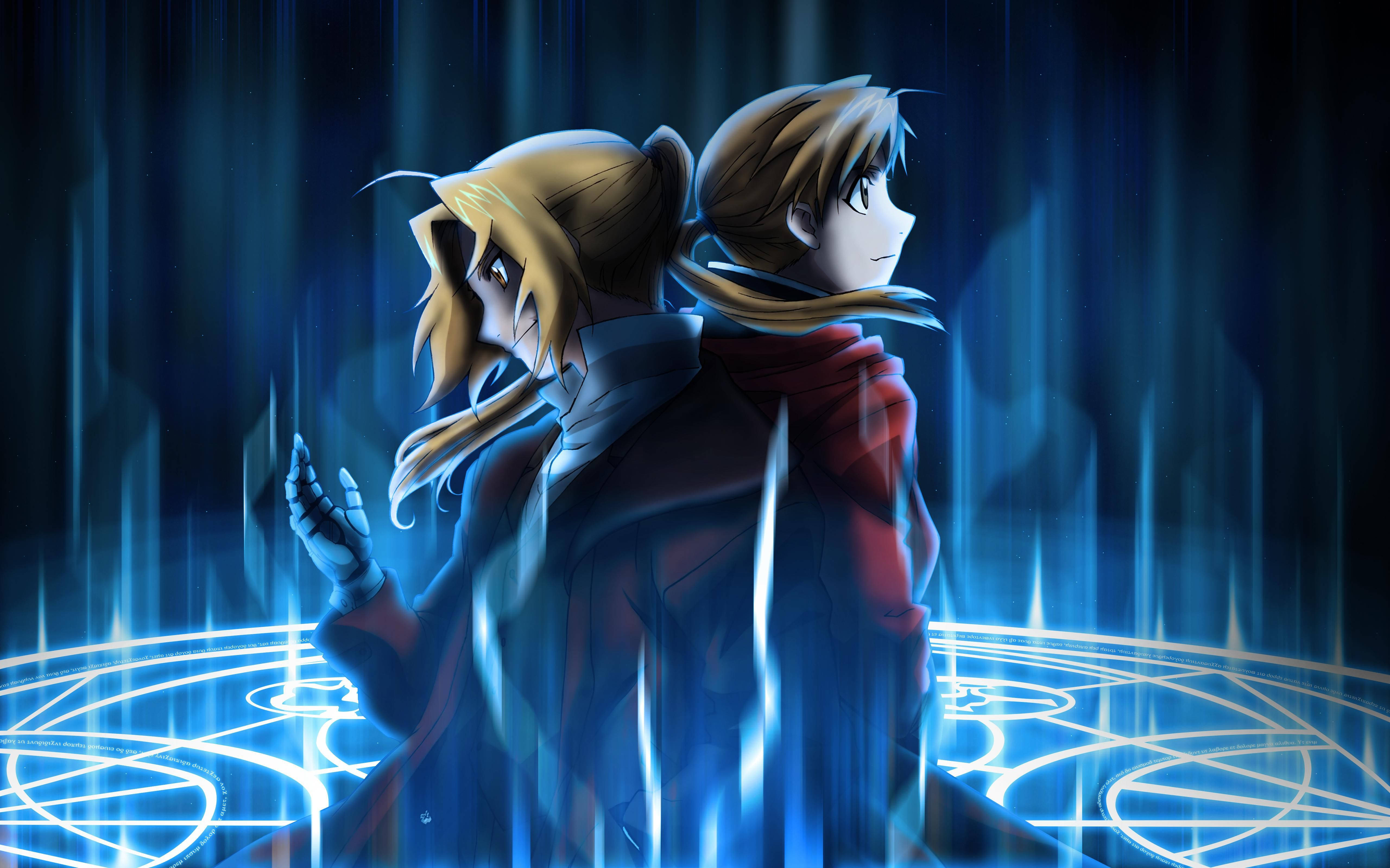 Top Anime 桌布 壁紙 — 兩個動漫角色在垂直光束下背對背站在發光的藍色魔法陣中。