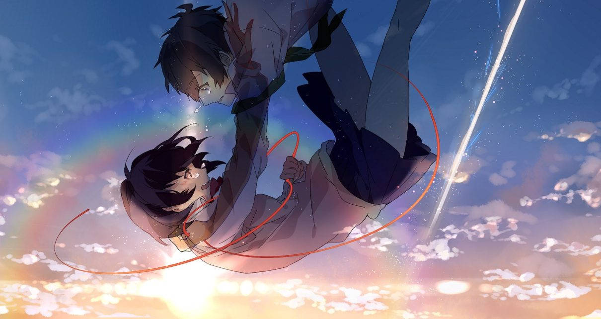 Makoto Shinkai 桌布 壁紙 — 兩個動漫角色在夕陽天空下，伴隨著彩虹和流星，在半空中擁抱。