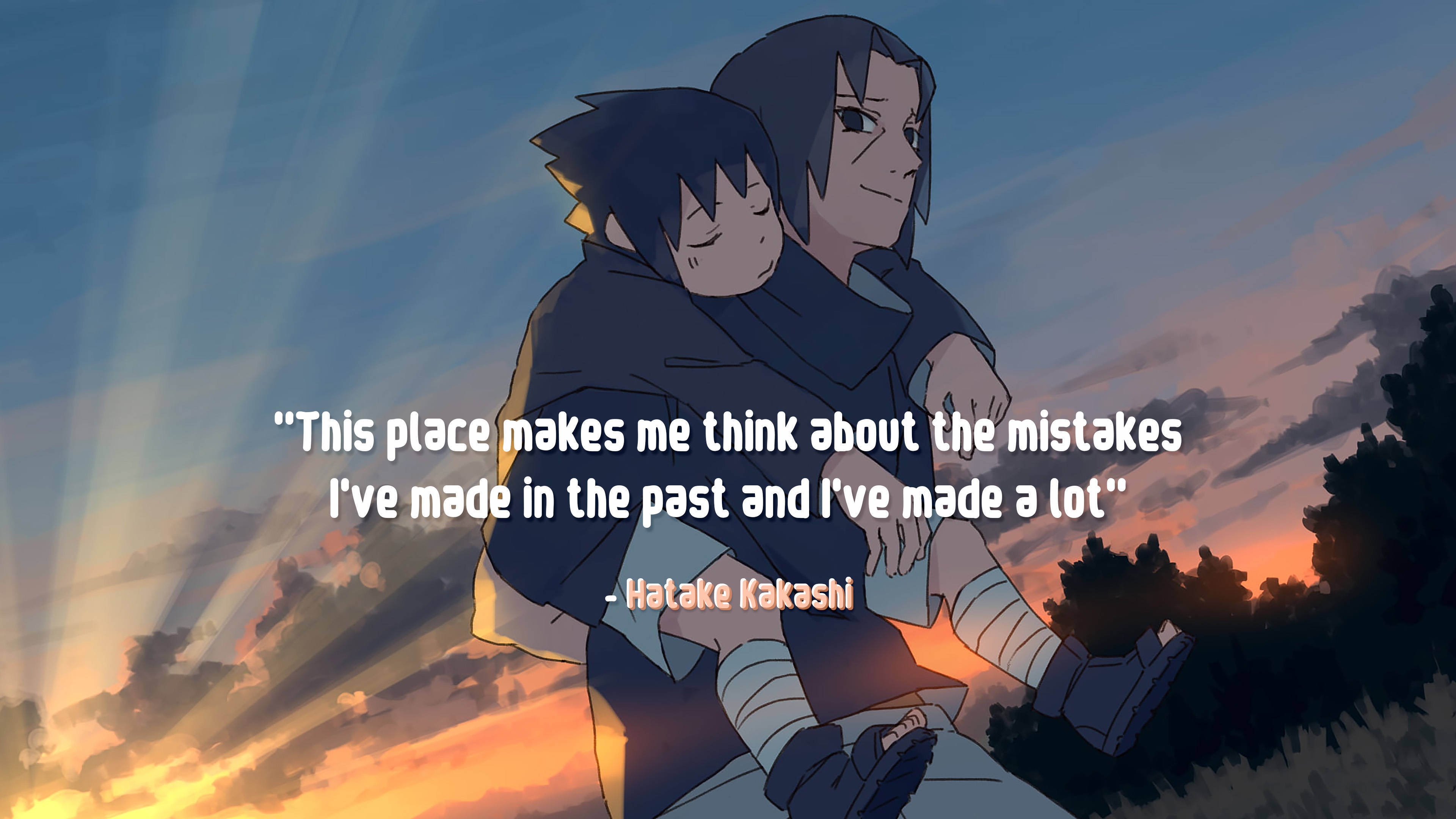 naruto quotes 桌布 壁紙 — 兩個動漫角色在夕陽天空下擁抱，光線穿過雲層。
