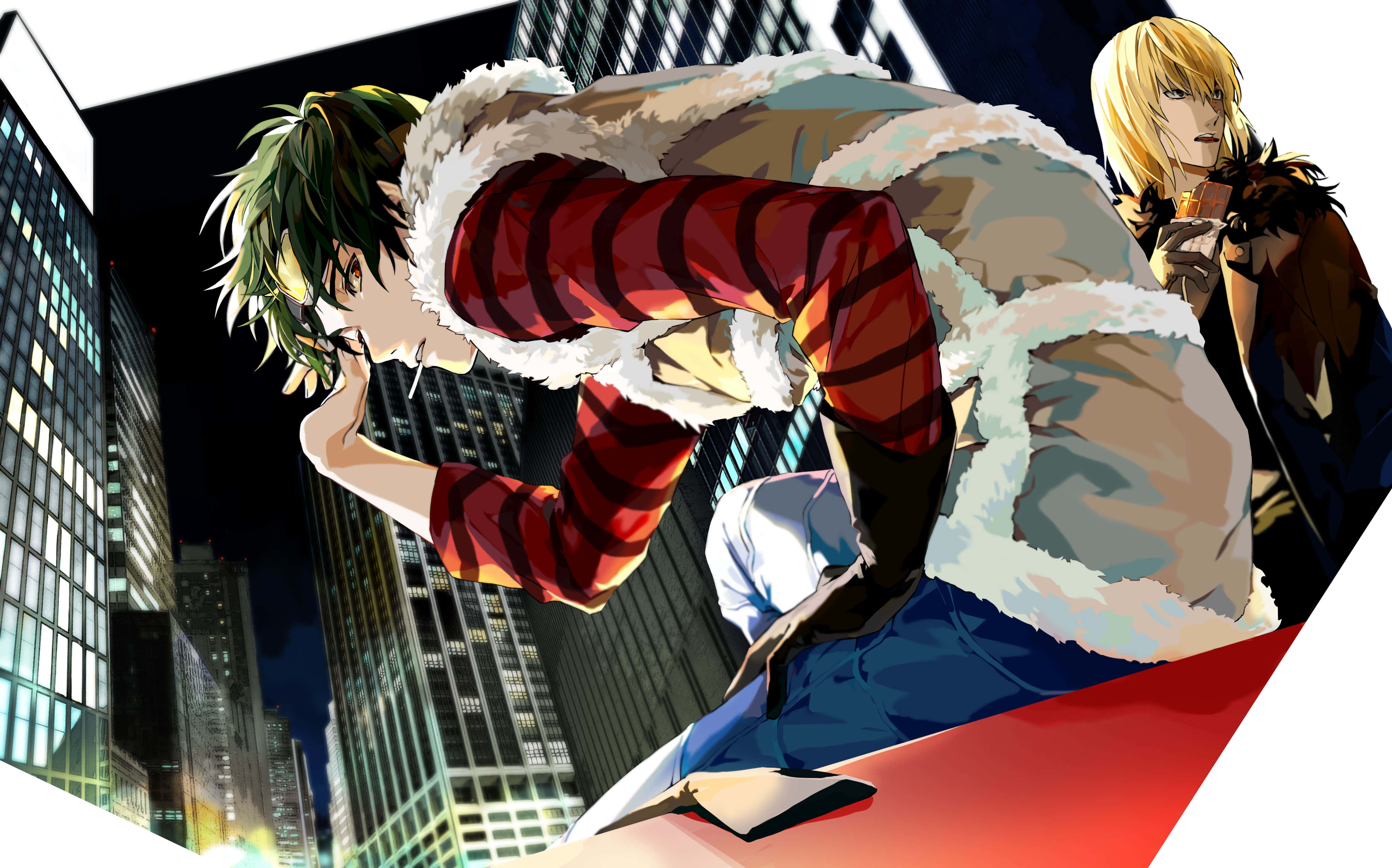 Death Note Matt 桌布 壁紙 — 兩個動漫角色在夜晚發光的窗戶背景下，動態地躍向高聳的城市天際線。
