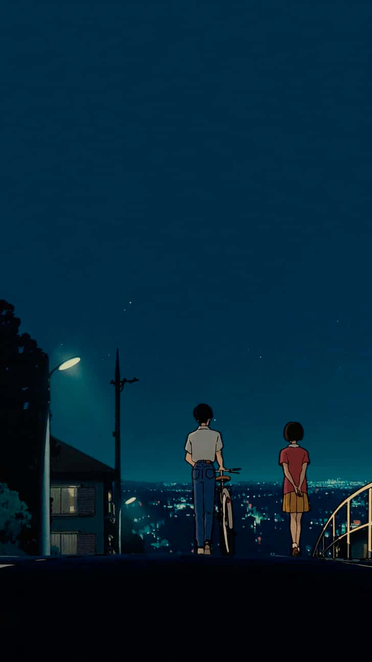 桌布 壁紙 — 兩個動漫角色在夜晚站在橋上，俯瞰星空下閃爍的城市景觀。