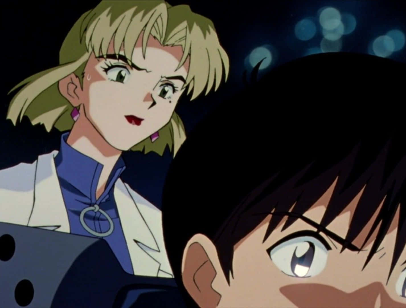 Ritsuko Akagi 桌布 壁紙 — 兩個動漫角色在夜間特寫場景中，背景有散景燈光。