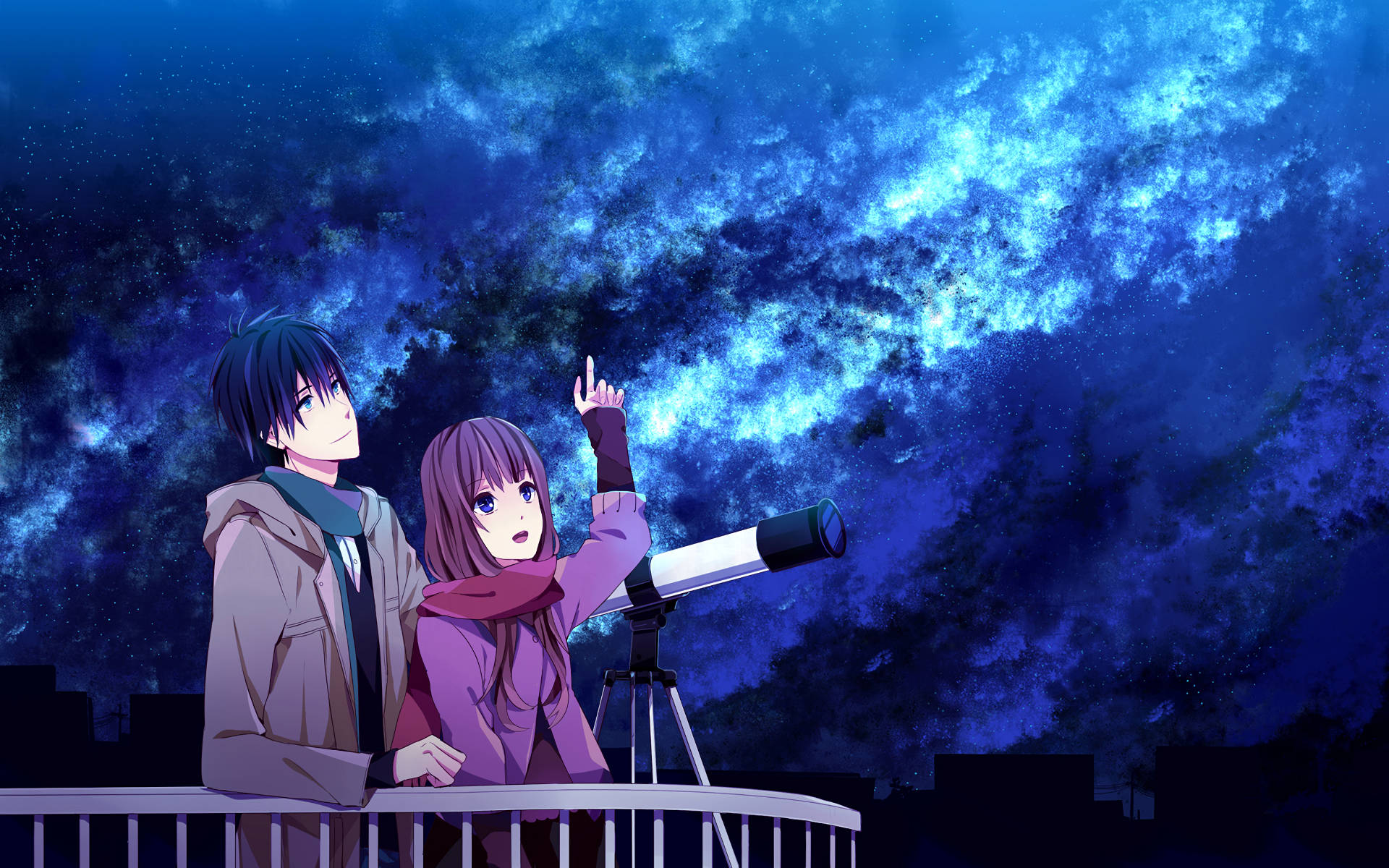 Telescope 桌布 壁紙 — 兩個動漫角色在天台上用望遠鏡凝視星空，宇宙雲在他們上方盤旋。