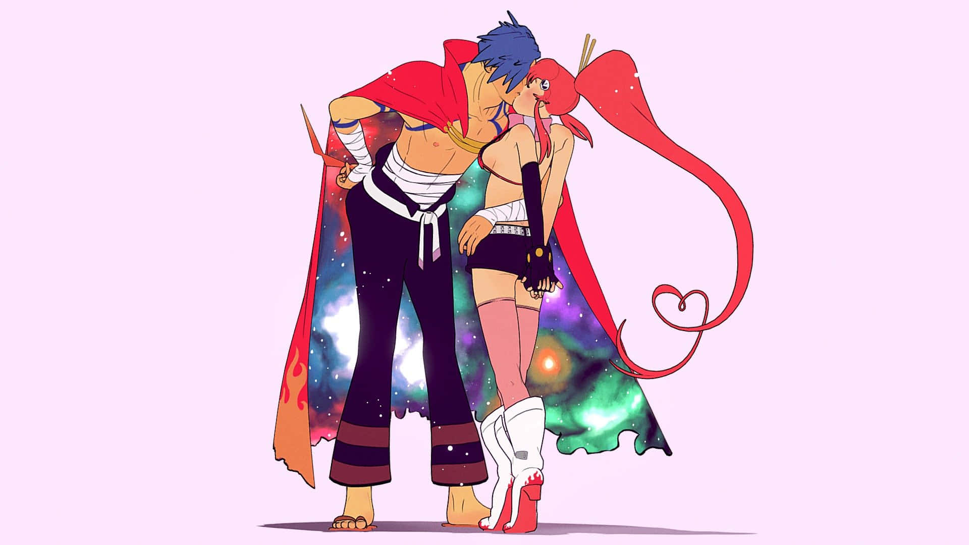 Gurren Lagann 桌布 壁紙 — 兩個動漫角色在宇宙星雲背景下接吻，披著飄逸的紅色斗篷和心形尾巴。