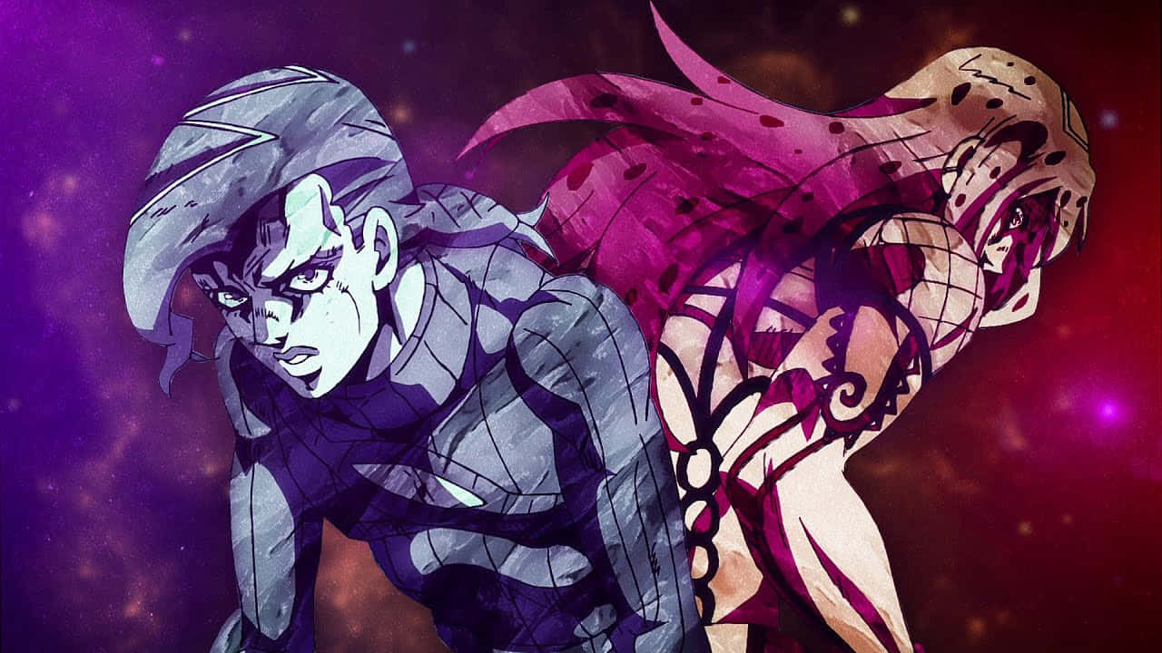 Jojo's Bizarre Adventure Diavolo 桌布 壁紙 — 兩個動漫角色在宇宙紫色和紅色星雲背景下擺出動態姿勢。