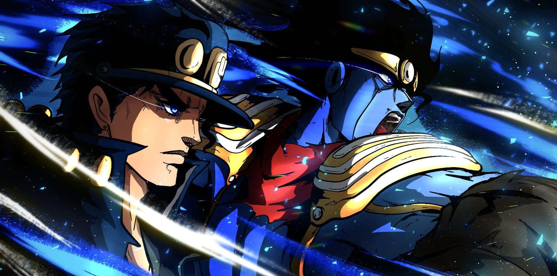 Jotaro 桌布 壁紙 — 兩個動漫角色在宇宙背景下，於動態的藍色能量爆發中碰撞。