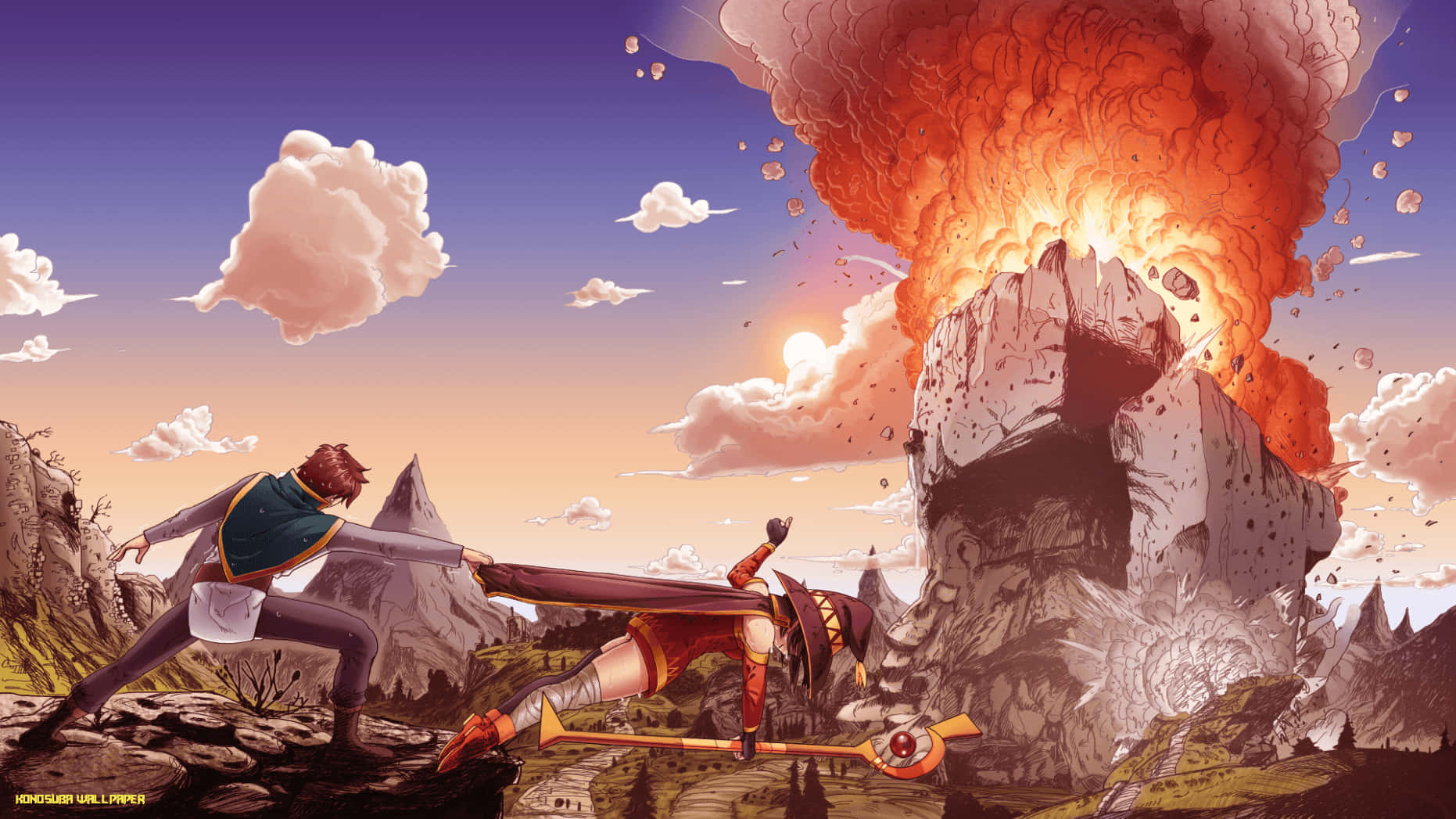 Konosuba 桌布 壁紙 — 兩個動漫角色在山頂戰鬥，背後火山在夕陽天空下爆發。