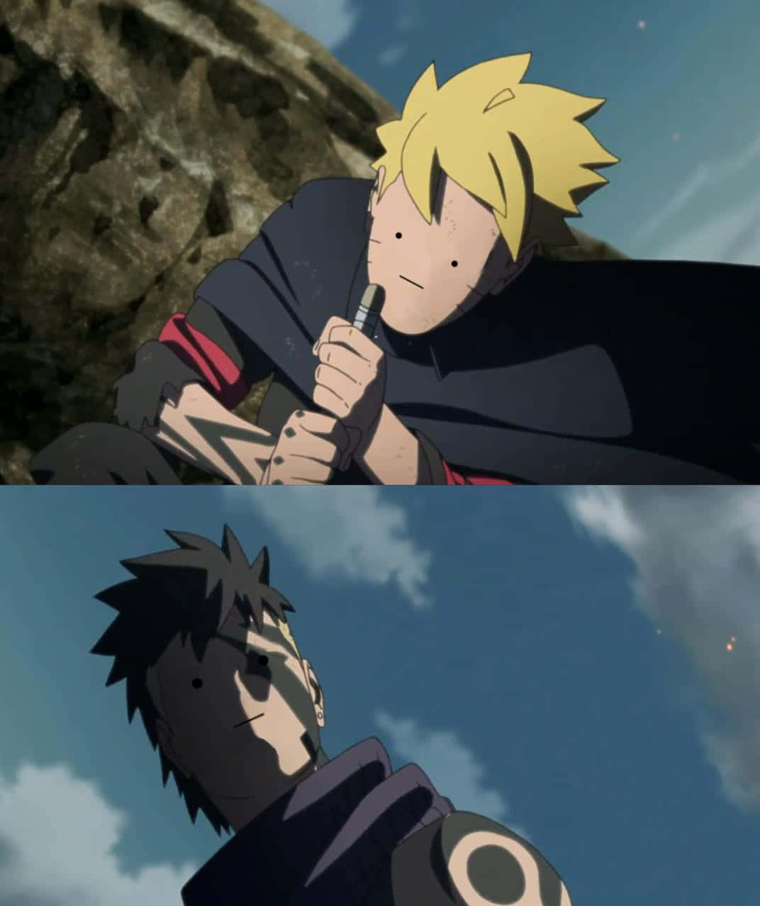Boruto Vs Kawaki 桌布 壁紙 — 兩個動漫角色在岩石戶外環境中，藍天白雲下，其中一個拿著麥克風。