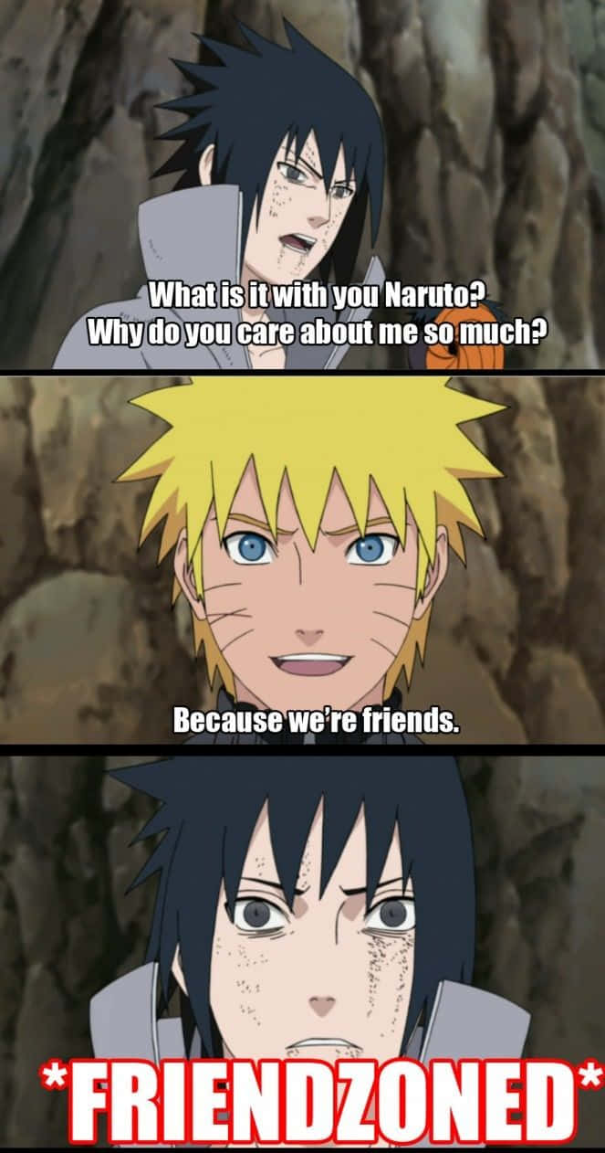 Funny Naruto 桌布 壁紙 — 兩個動漫角色在岩石洞穴中，一個問為什麼另一個這麼在乎，另一個回答因為他們是朋友，帶有friendzoned迷因覆蓋層。