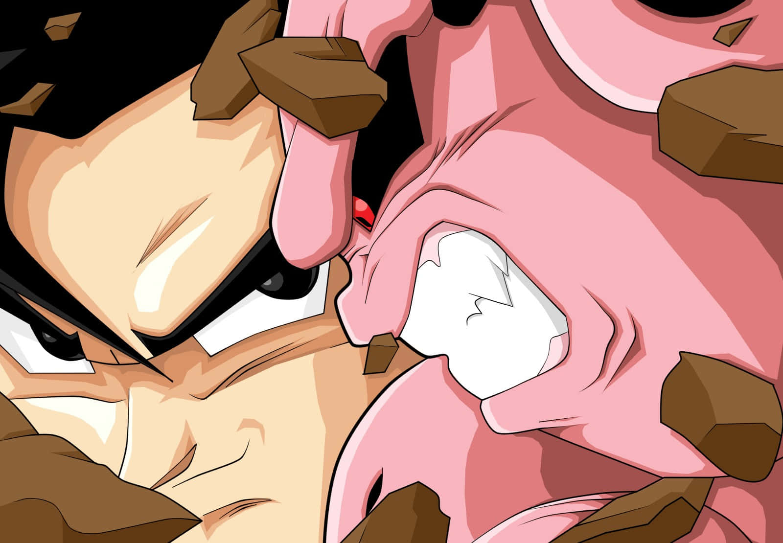 Dbz 桌布 壁紙 — 兩個動漫角色在岩石飛舞的動態戰鬥中碰撞。