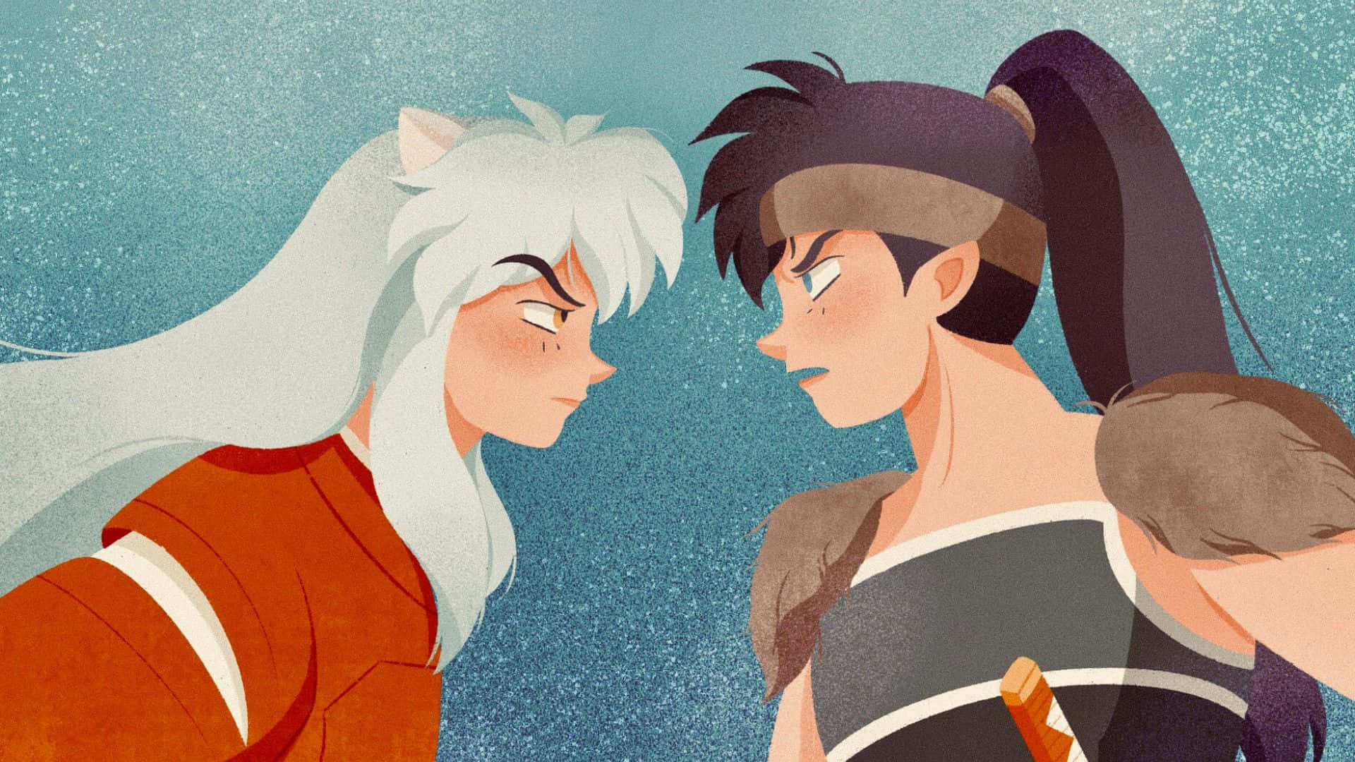 Inuyasha Koga 桌布 壁紙 — 兩個動漫角色在帶有紋理的藍色背景前緊張對峙。