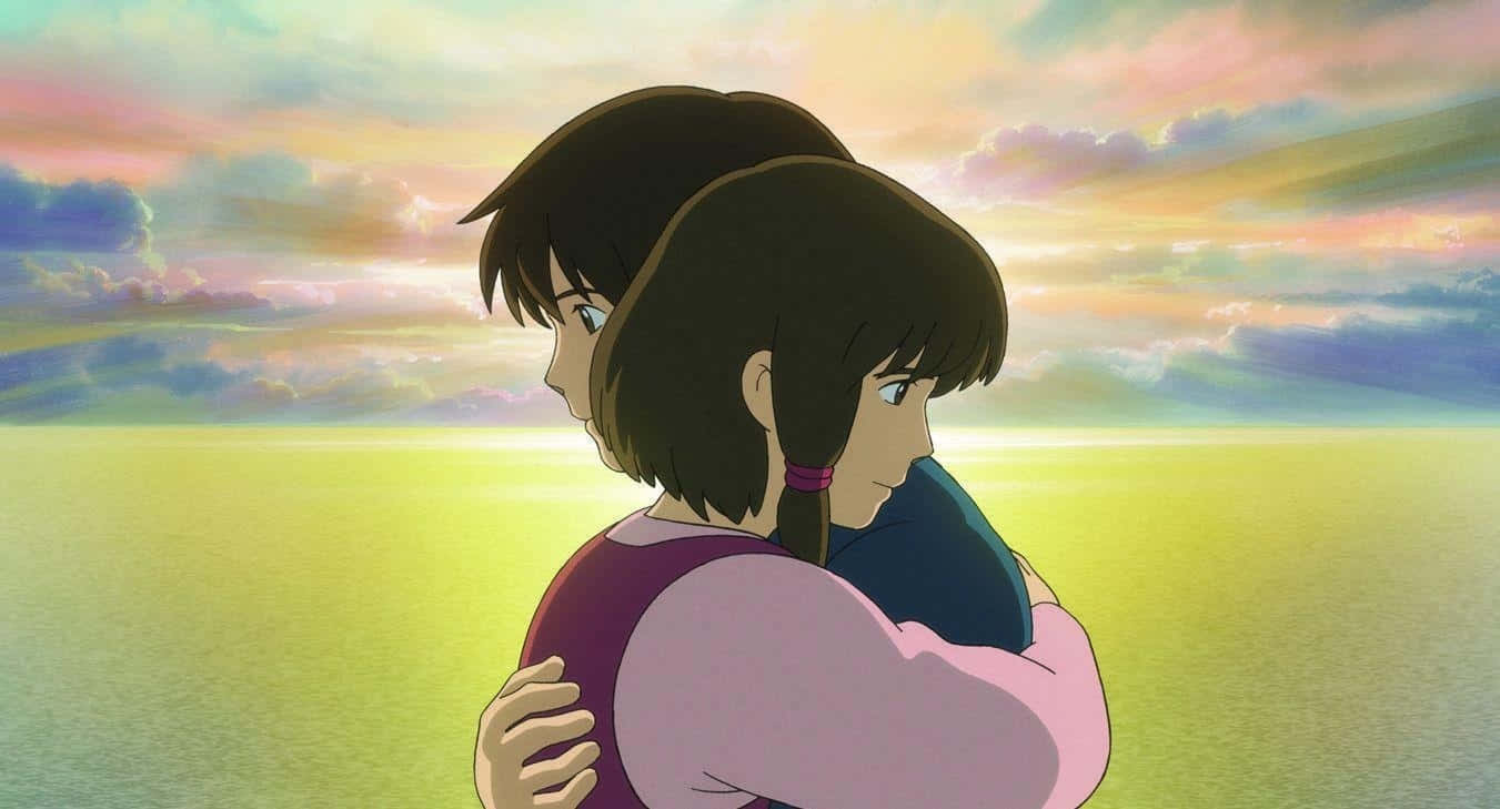 Tales From Earthsea 桌布 壁紙 — 兩個動漫角色在平靜的海面上，在充滿活力的日落天空下溫柔擁抱。