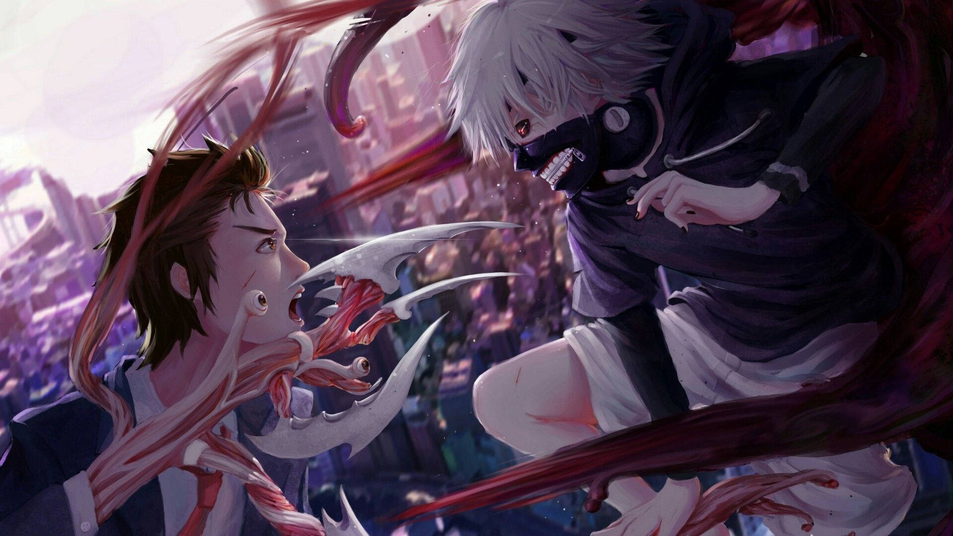 Parasyte 桌布 壁紙 — 兩個動漫角色在廢墟城市背景下，以怪獸般的利爪和流動的紅色能量進行殘酷的戰鬥。