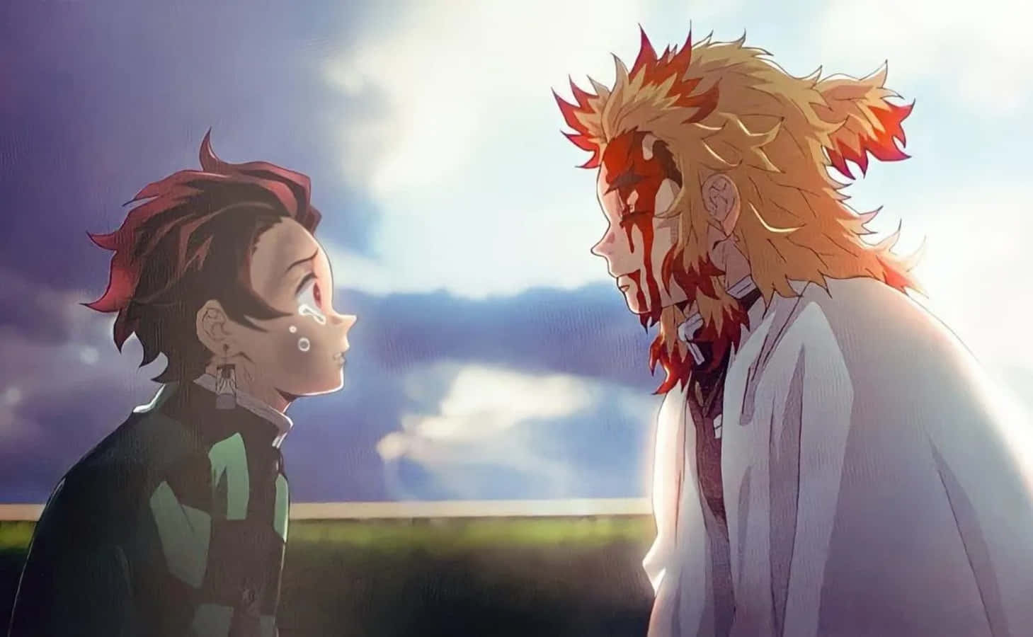 Rengoku And Tanjiro 桌布 壁紙 — 兩個動漫角色在戲劇性的天空下對峙，一個有紅髮和眼淚，另一個有火橙色頭髮和血痕。