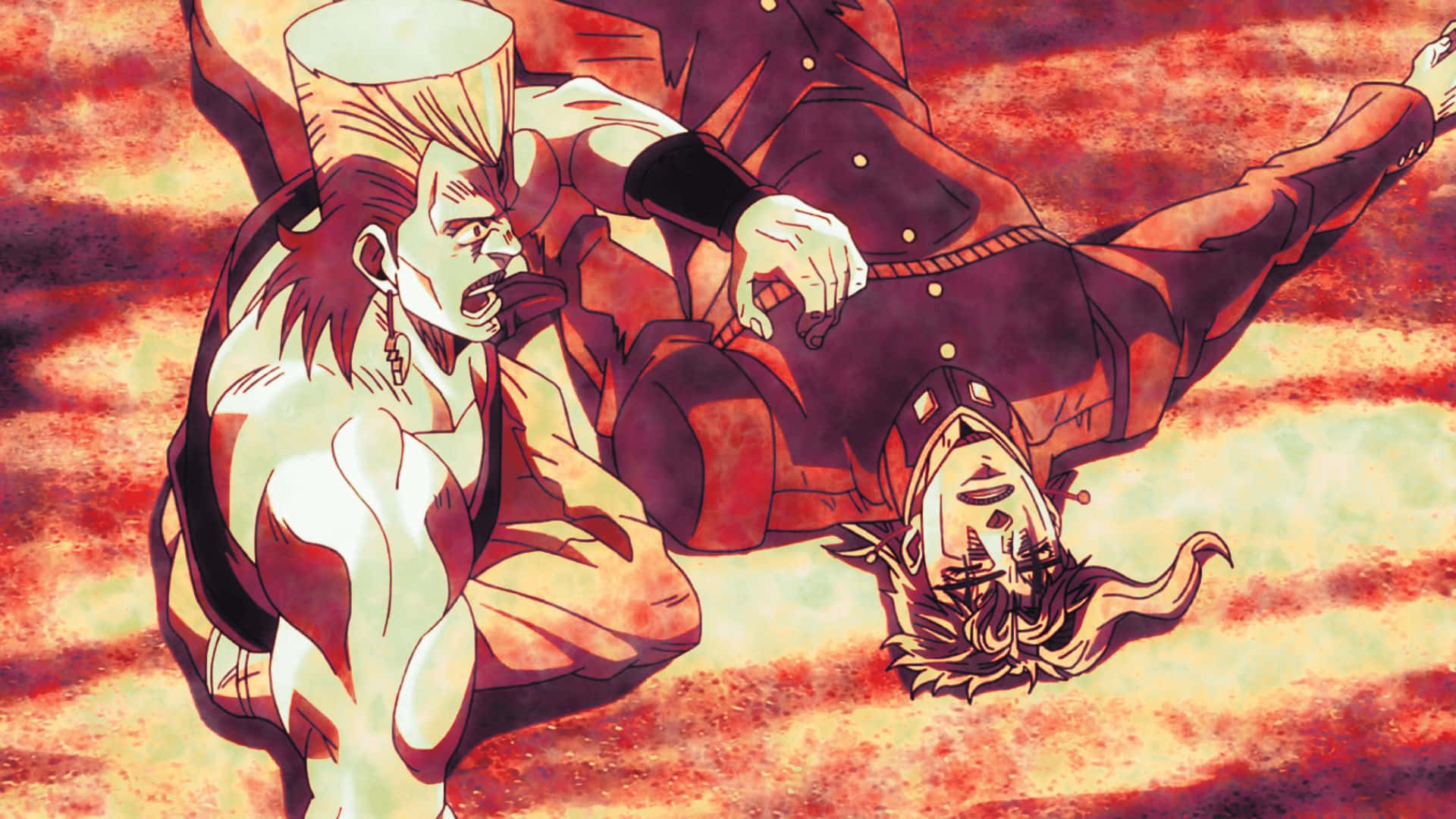 Noriaki Kakyoin 桌布 壁紙 — 兩個動漫角色在戲劇性的戰鬥場景中，一個跪在另一個身上，背景是火紅和橙色。
