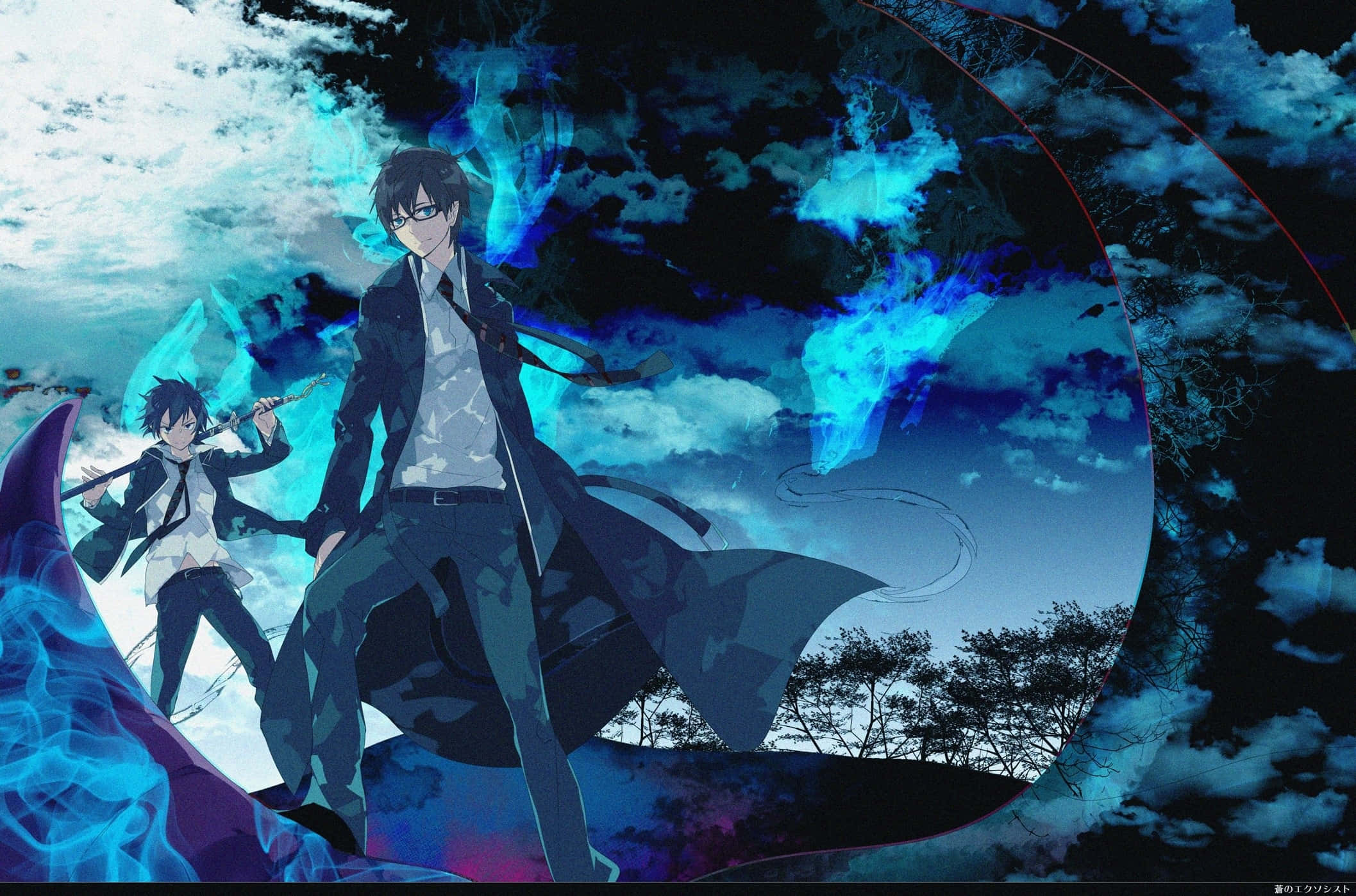 Blue Exorcist 桌布 壁紙 — 兩個動漫角色在戲劇性的暮色天空下，英勇地對抗旋轉的藍色能量風暴。