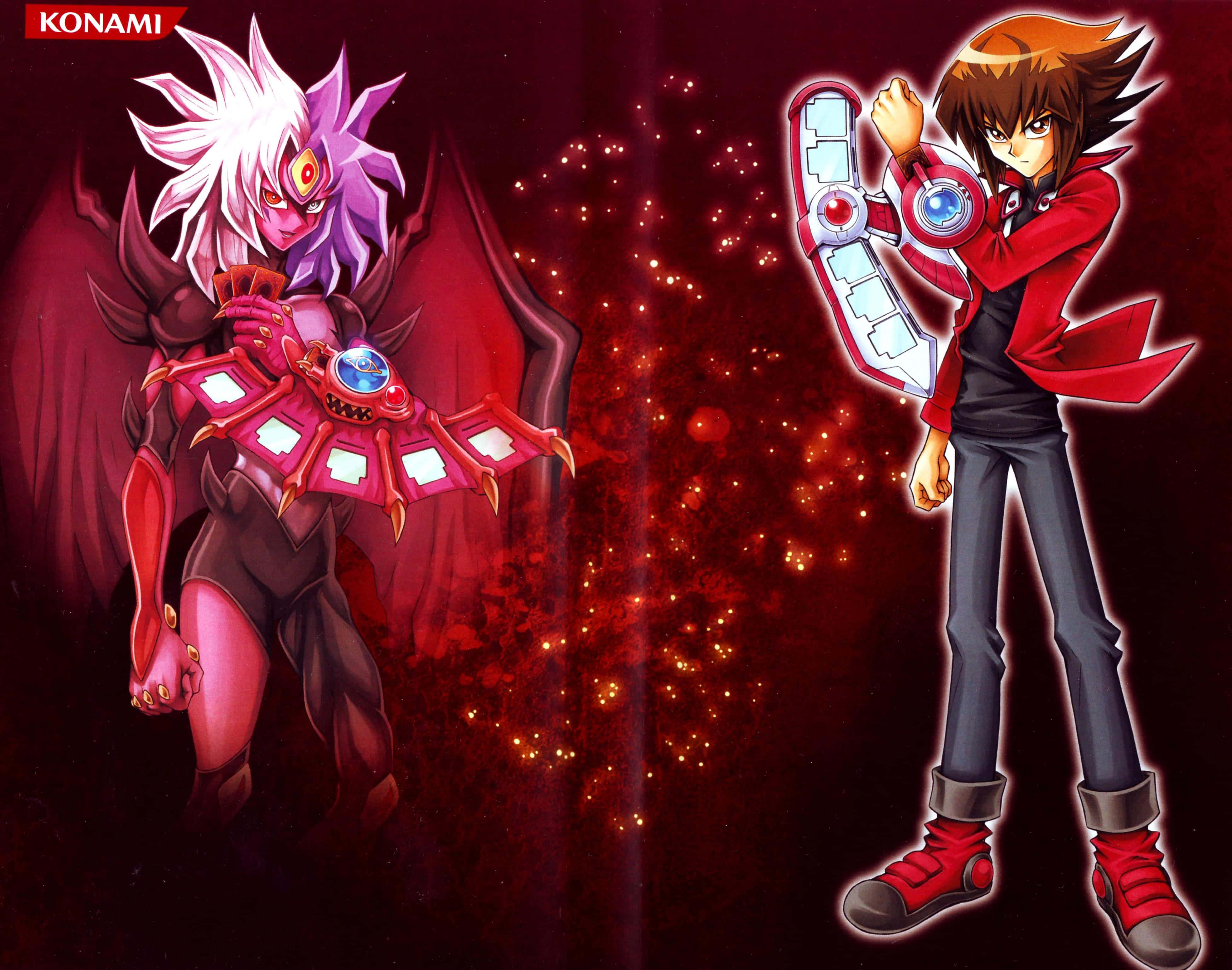 Jaden Yuki 桌布 壁紙 — 兩個動漫角色在戲劇性的紅光場景中對峙，之間有發光粒子。