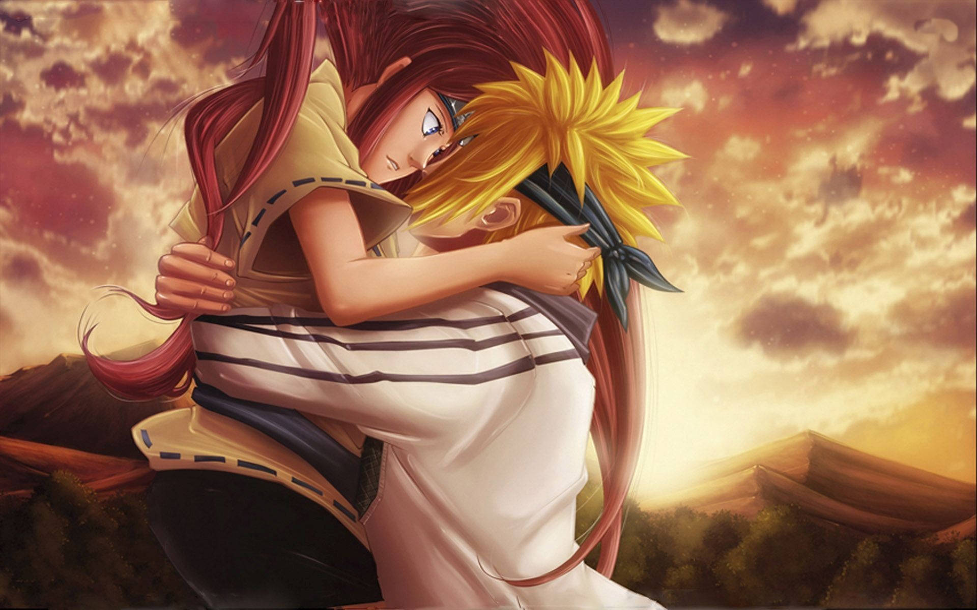 Anime Naruto 桌布 壁紙 — 兩個動漫角色在戲劇性的雲彩和熾熱的日落天空下溫暖地擁抱。