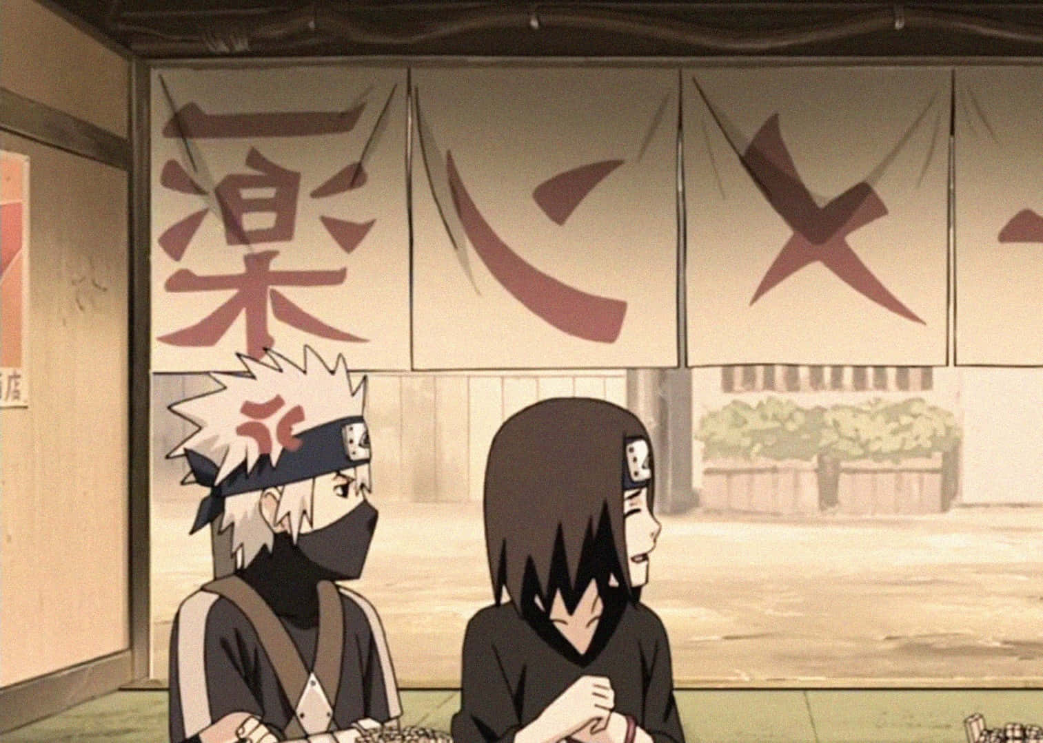 Kakashi And Rin 桌布 壁紙 — 兩個動漫角色在掛有漢字橫幅的傳統日本餐廳中相對而坐。