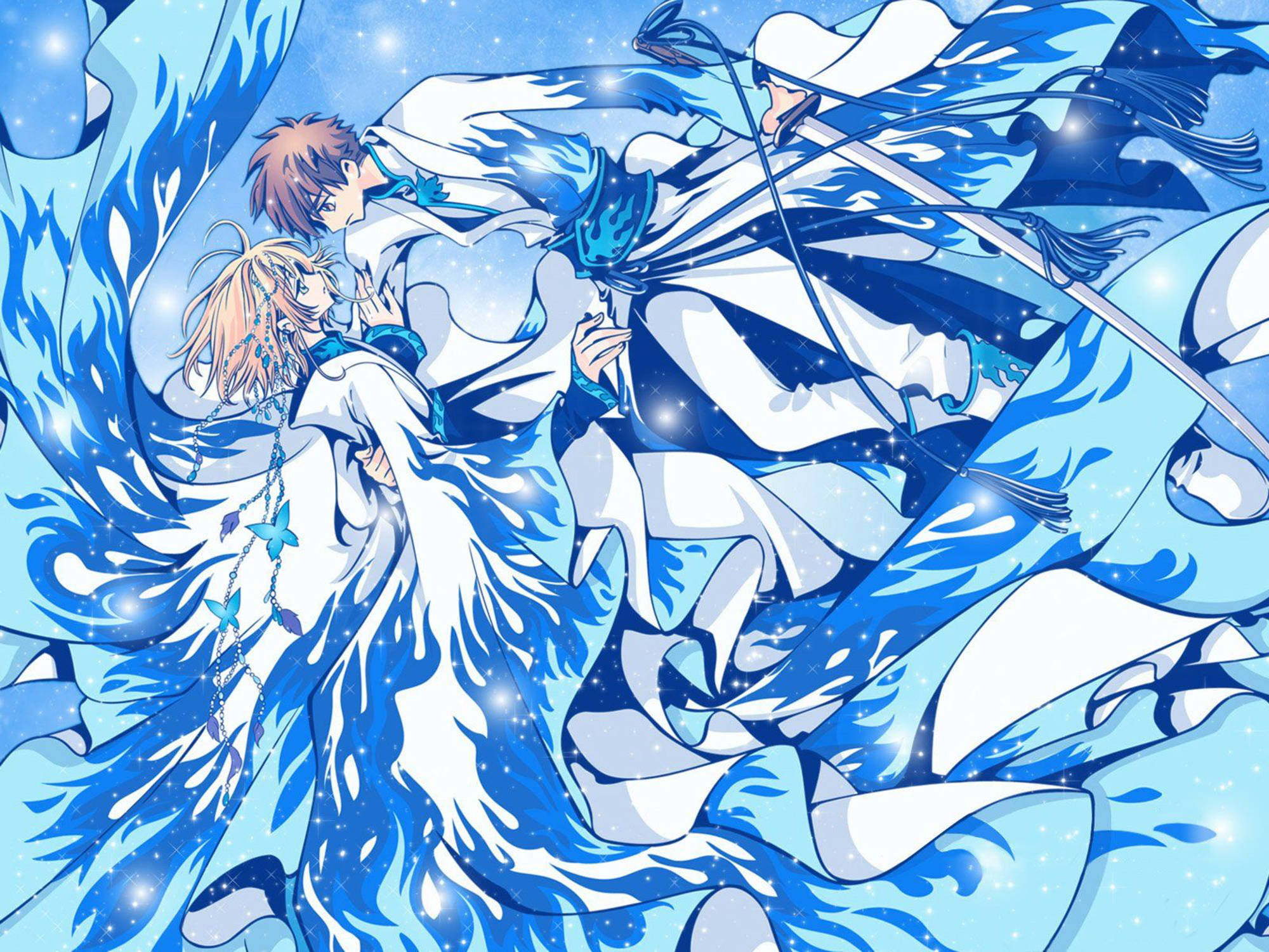tsubasa reservoir chronicle 桌布 壁紙 — 兩個動漫角色在旋轉的藍色能量和閃爍星星中擁抱，構成動態的天體場景。