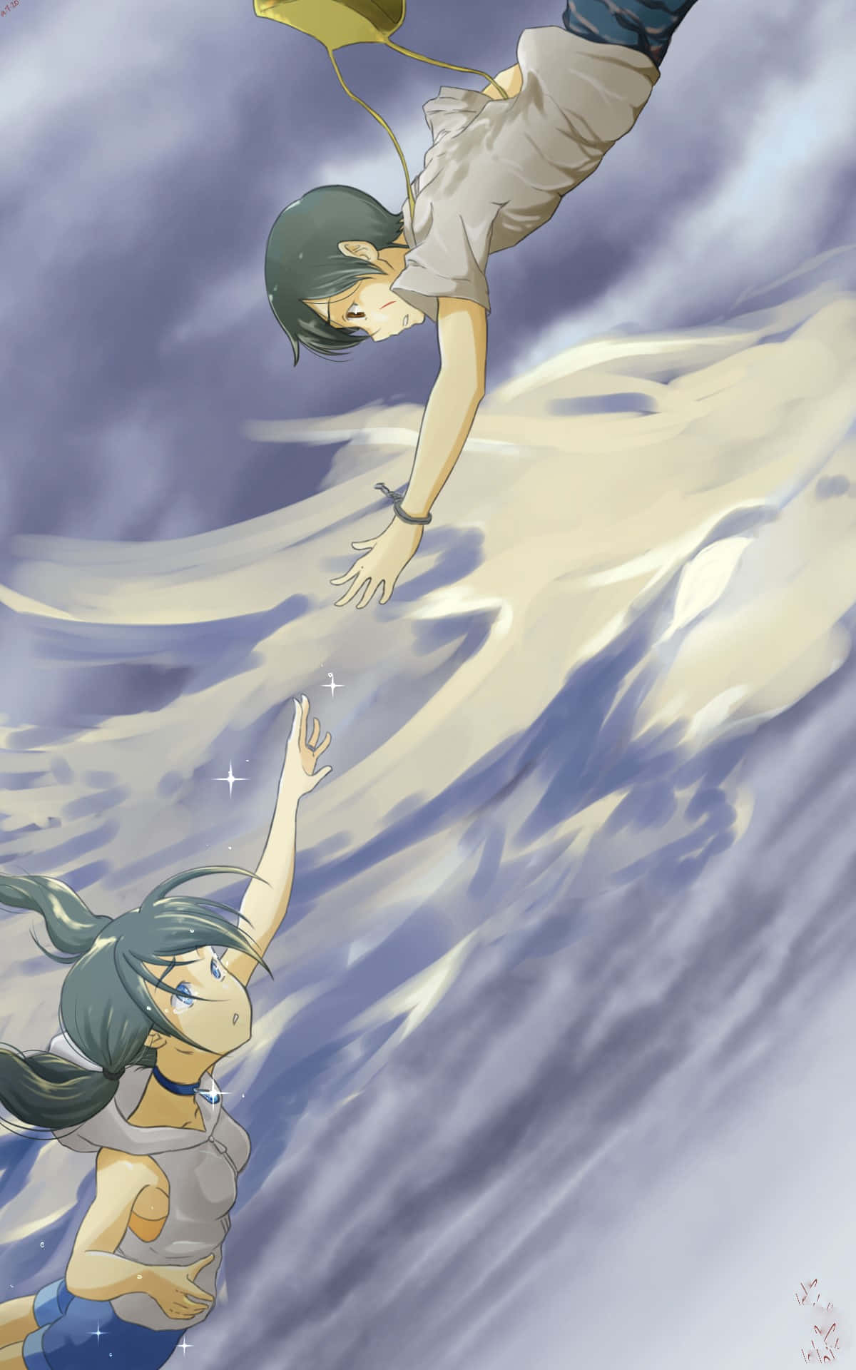 Weathering With You 桌布 壁紙 — 兩個動漫角色在旋轉的雲層中漂浮，一個向上伸手，另一個向他們下降。