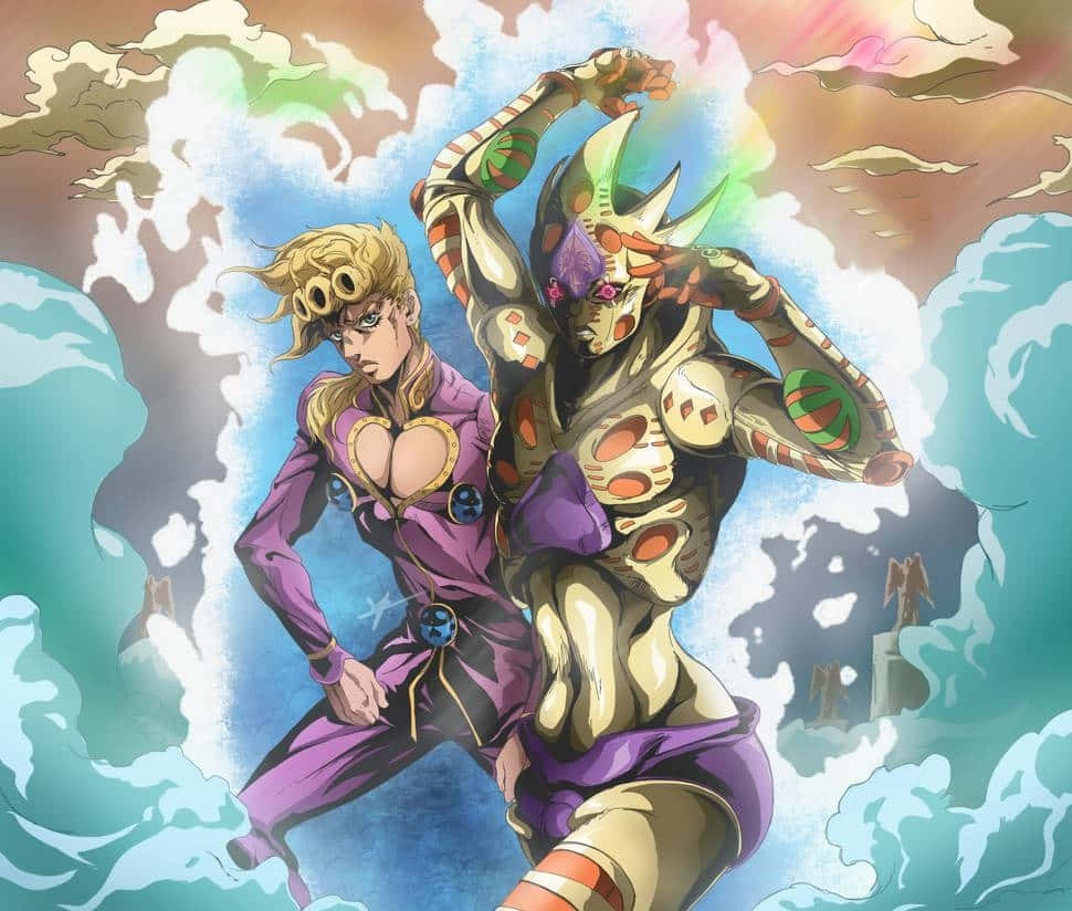 Gold Experience Jojo 桌布 壁紙 — 兩個動漫角色在旋轉的雲層和充滿活力的彩虹光中進行動態的戰鬥場景。