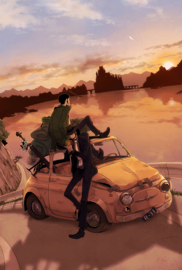 Lupin 桌布 壁紙 — 兩個動漫角色在日落時分，坐在停泊在河邊的復古車上放鬆，遠處有山脈和城堡。