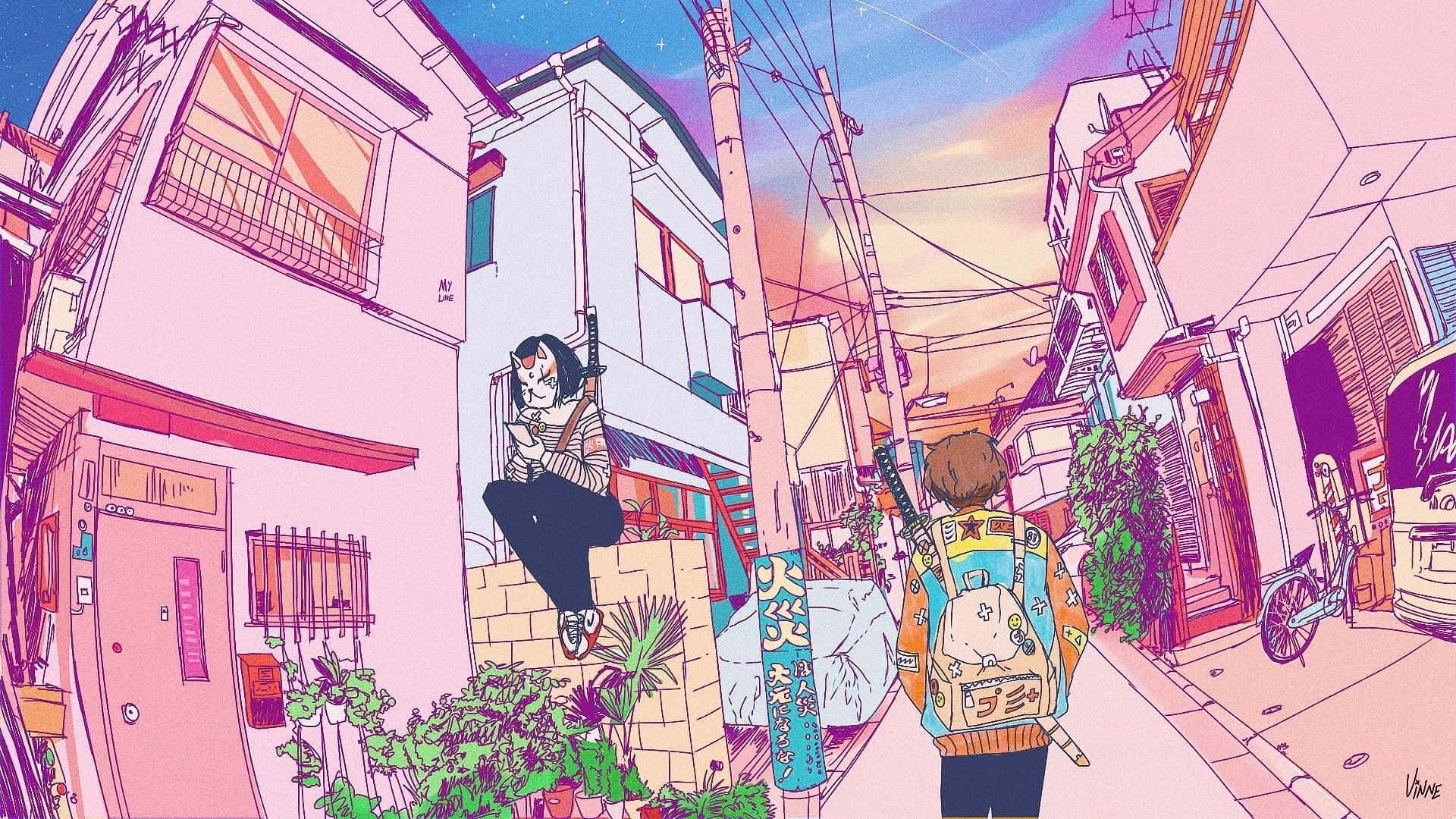 90s Anime 桌布 壁紙 — 兩個動漫角色在日落時分，星空下走過一條充滿活力的粉紅色和紫色日本小巷。