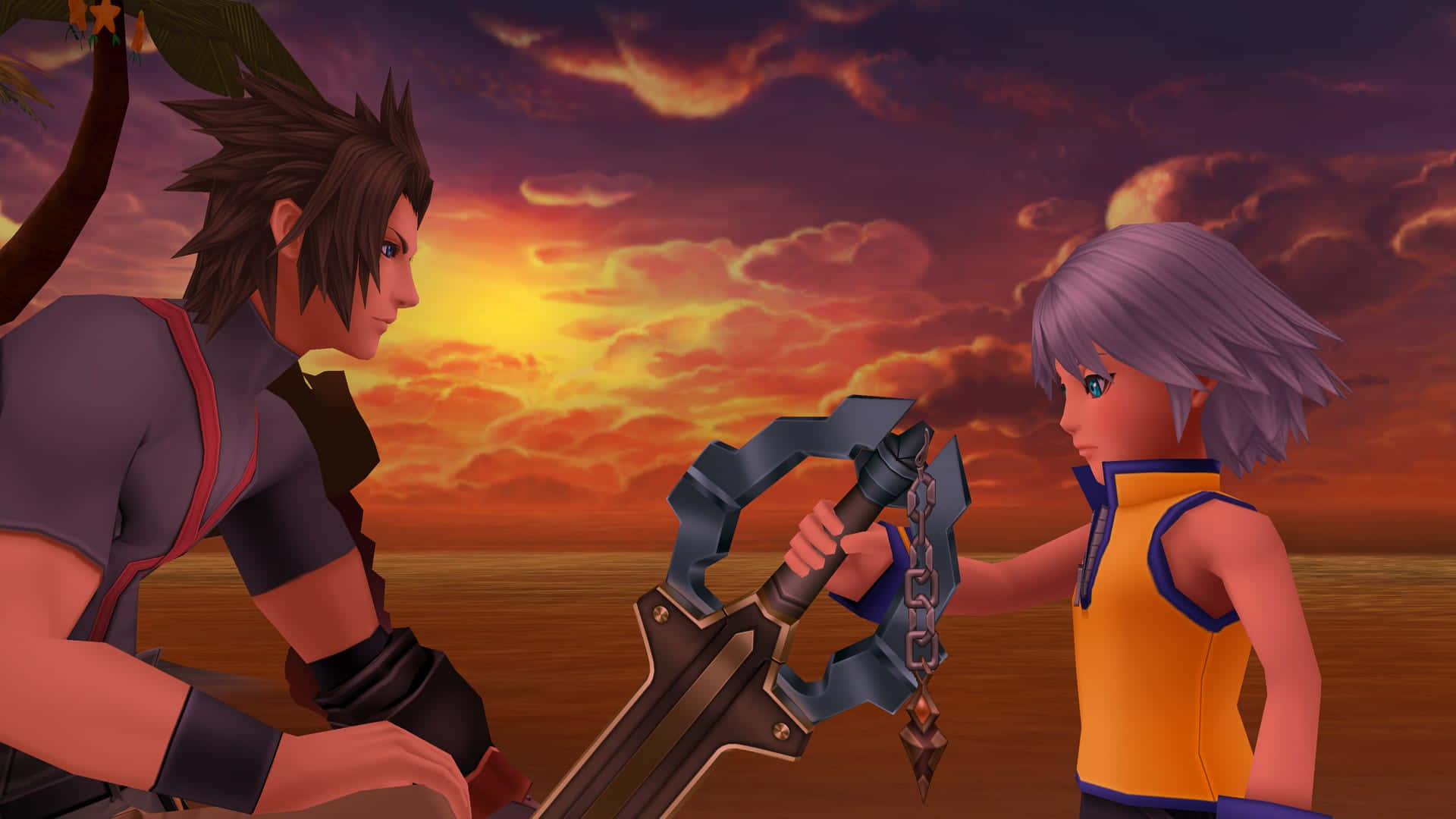 Kingdom Hearts Terra 桌布 壁紙 — 兩個動漫角色在日落時分對峙，手持一把巨大的鑰刃，背景是火熱的橙色和紫色天空。
