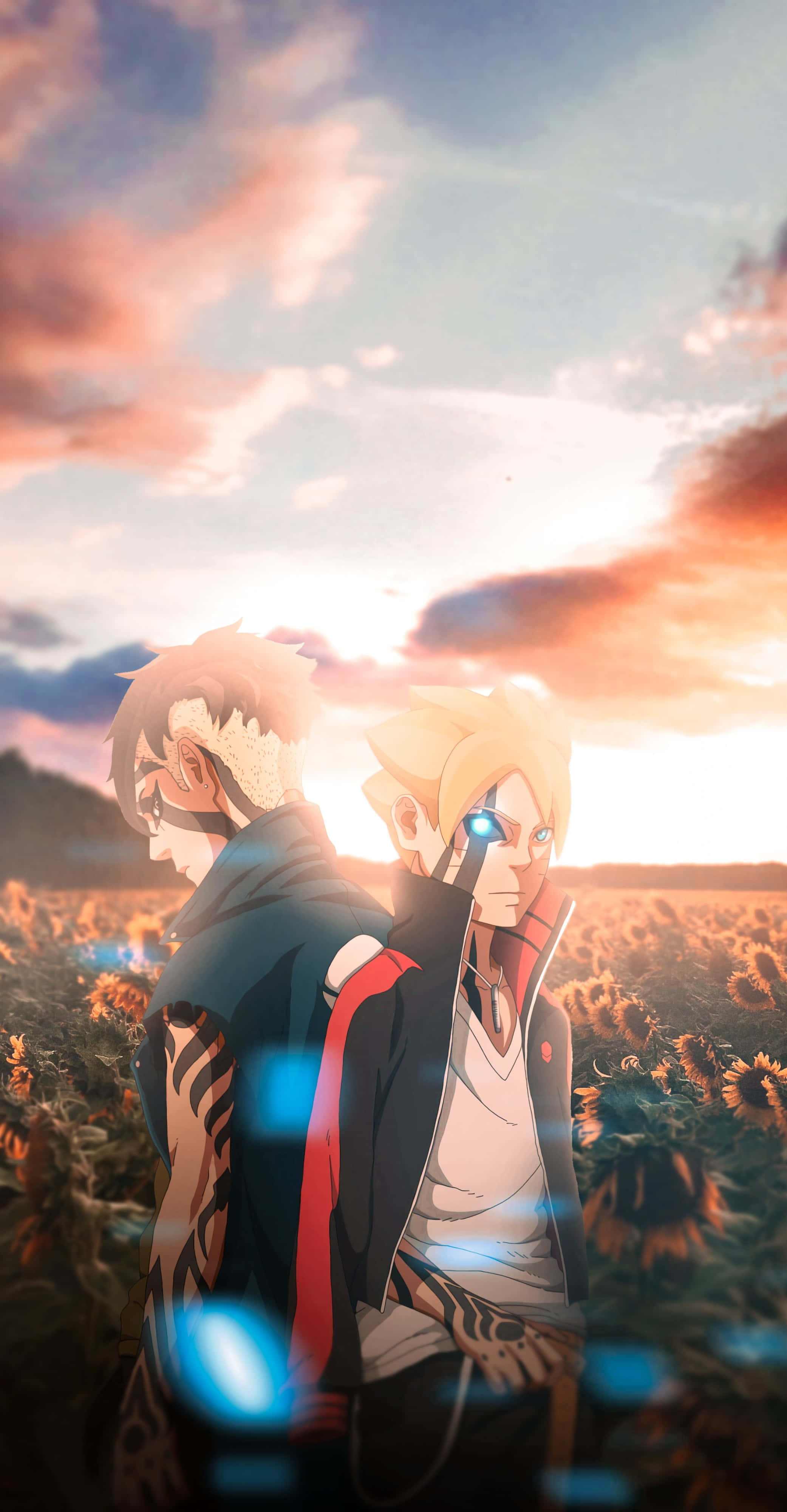 Boruto Vs Kawaki 桌布 壁紙 — 兩個動漫角色在日落時分的向日葵田裡背對背站立，擁有發光的藍色眼睛和溫暖的天空色調。