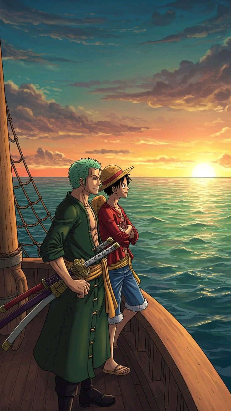 one piece 壁紙 — 兩個動漫角色在日落時站在船的欄杆上，凝視著海洋地平線。